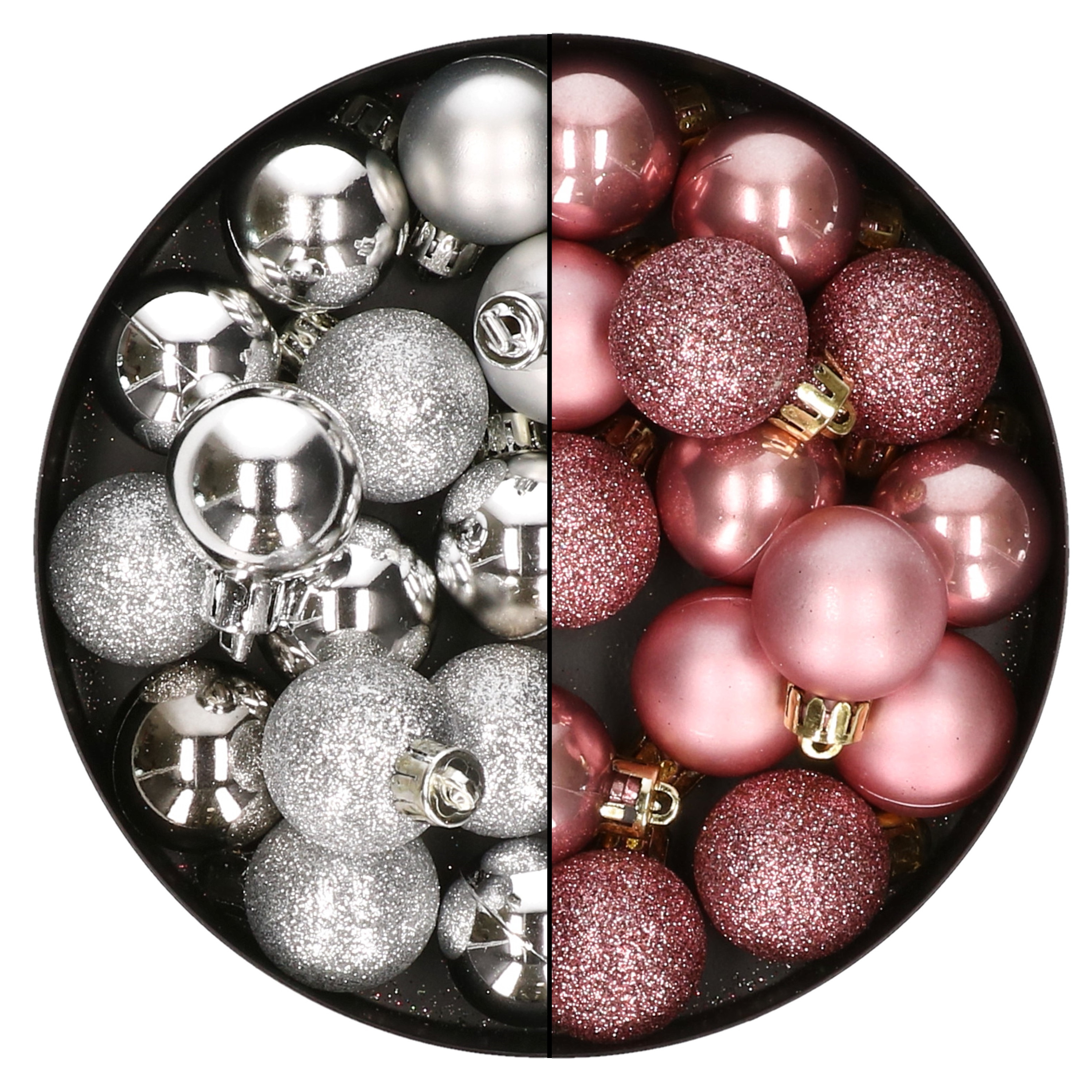 28x stuks kleine kunststof kerstballen velvet roze en zilver 3 cm