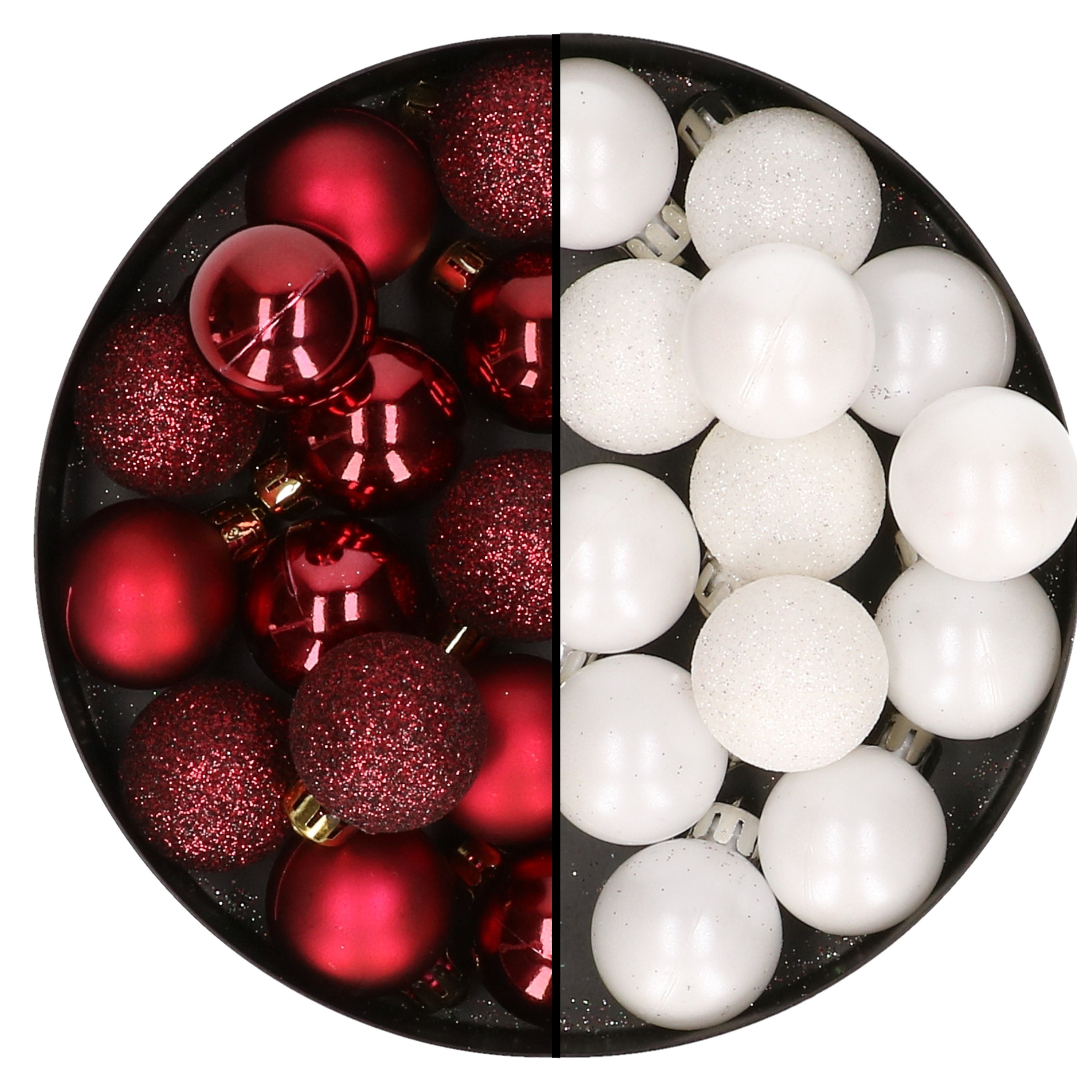 28x stuks kleine kunststof kerstballen wit en bordeaux rood 3 cm