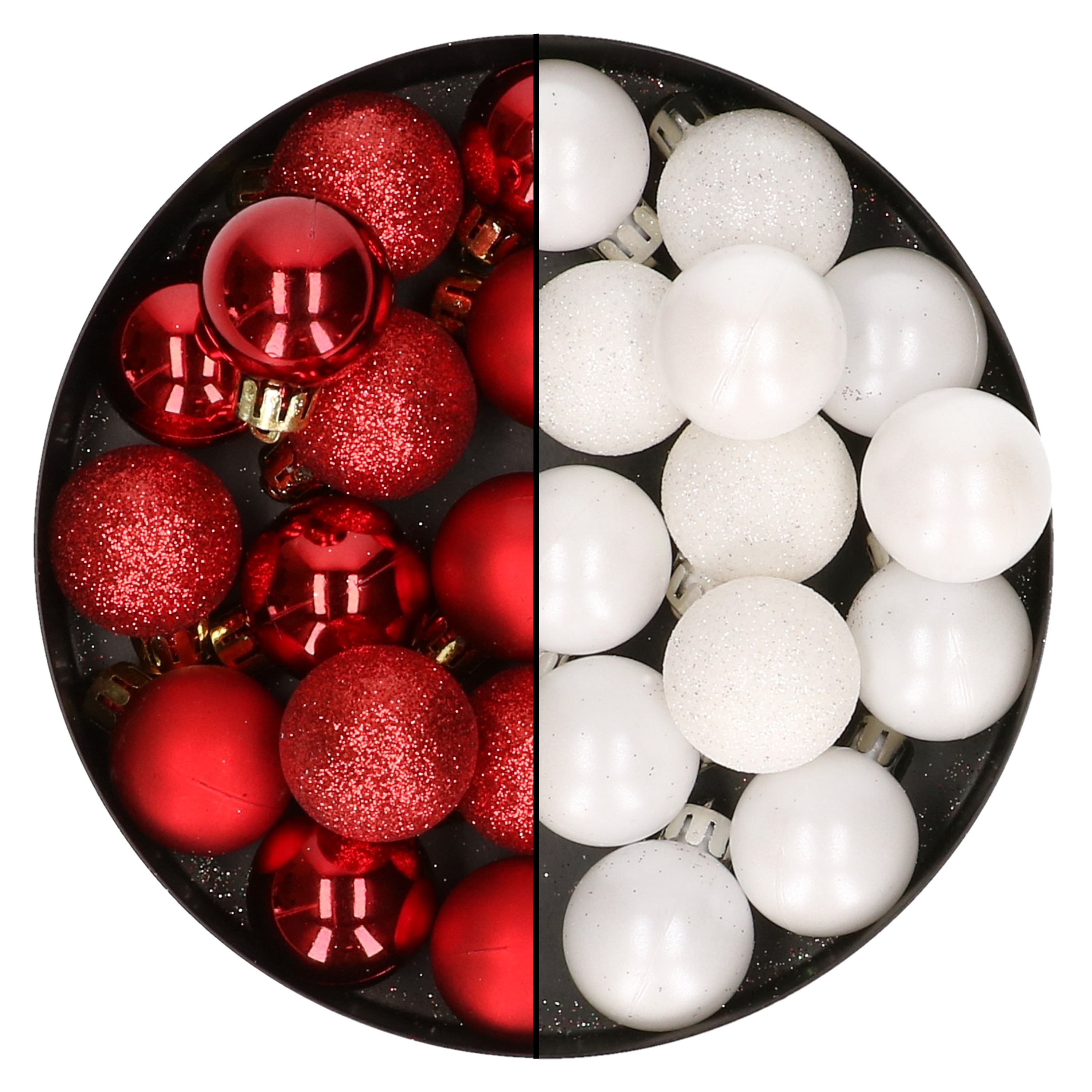 28x stuks kleine kunststof kerstballen wit en rood 3 cm