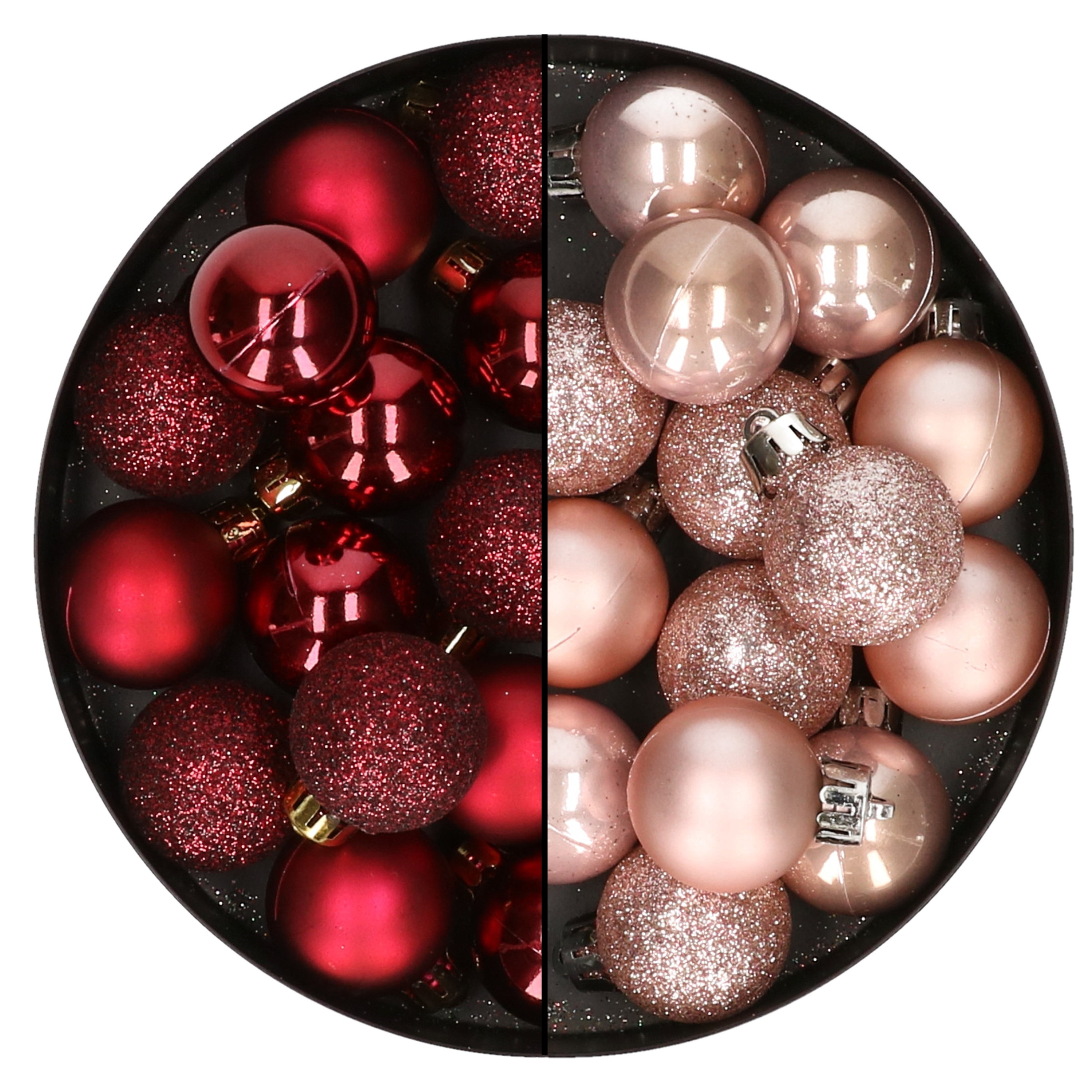 28x stuks kleine kunststof kerstballen zachtroze en bordeaux rood 3 cm