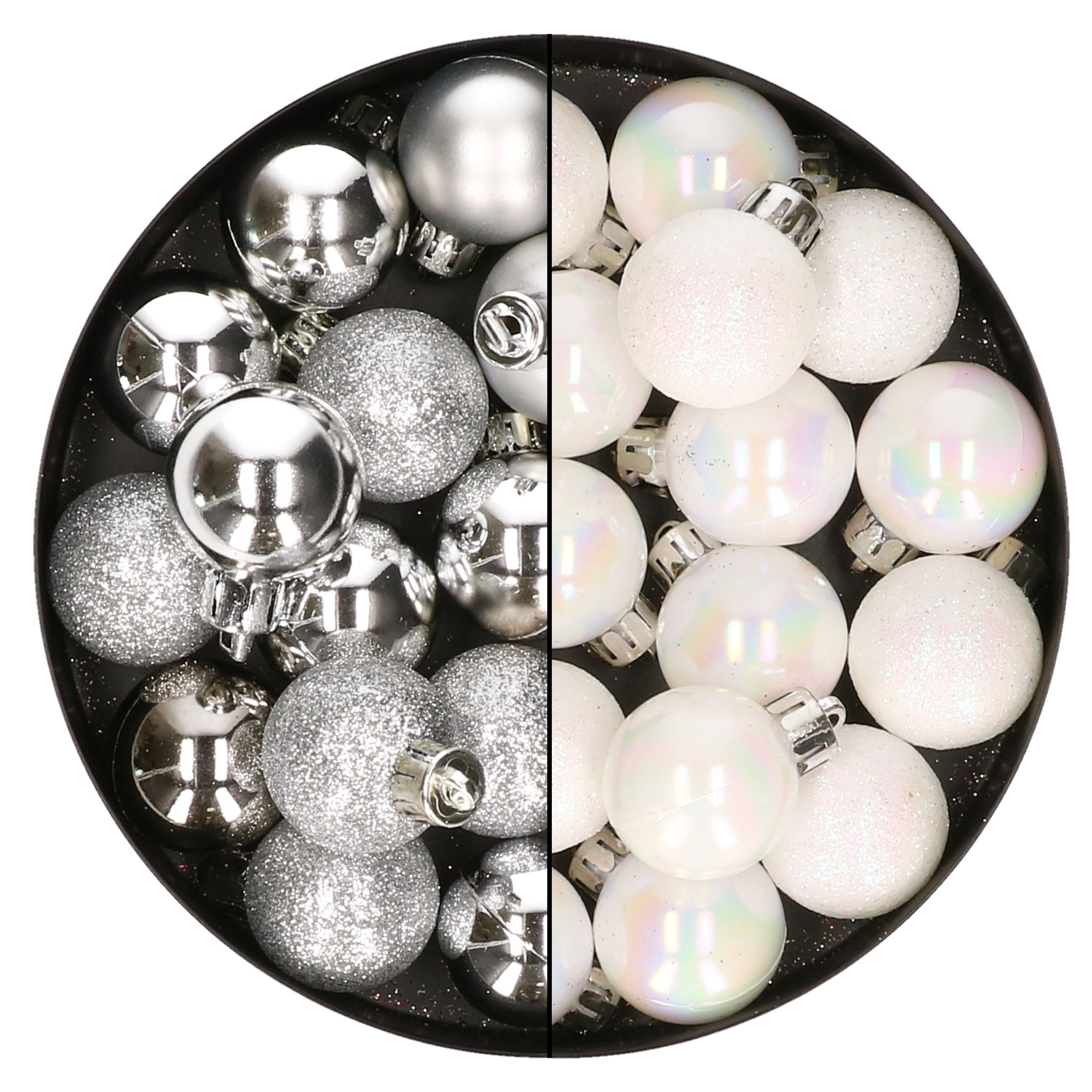 28x stuks kleine kunststof kerstballen zilver en parelmoer wit 3 cm