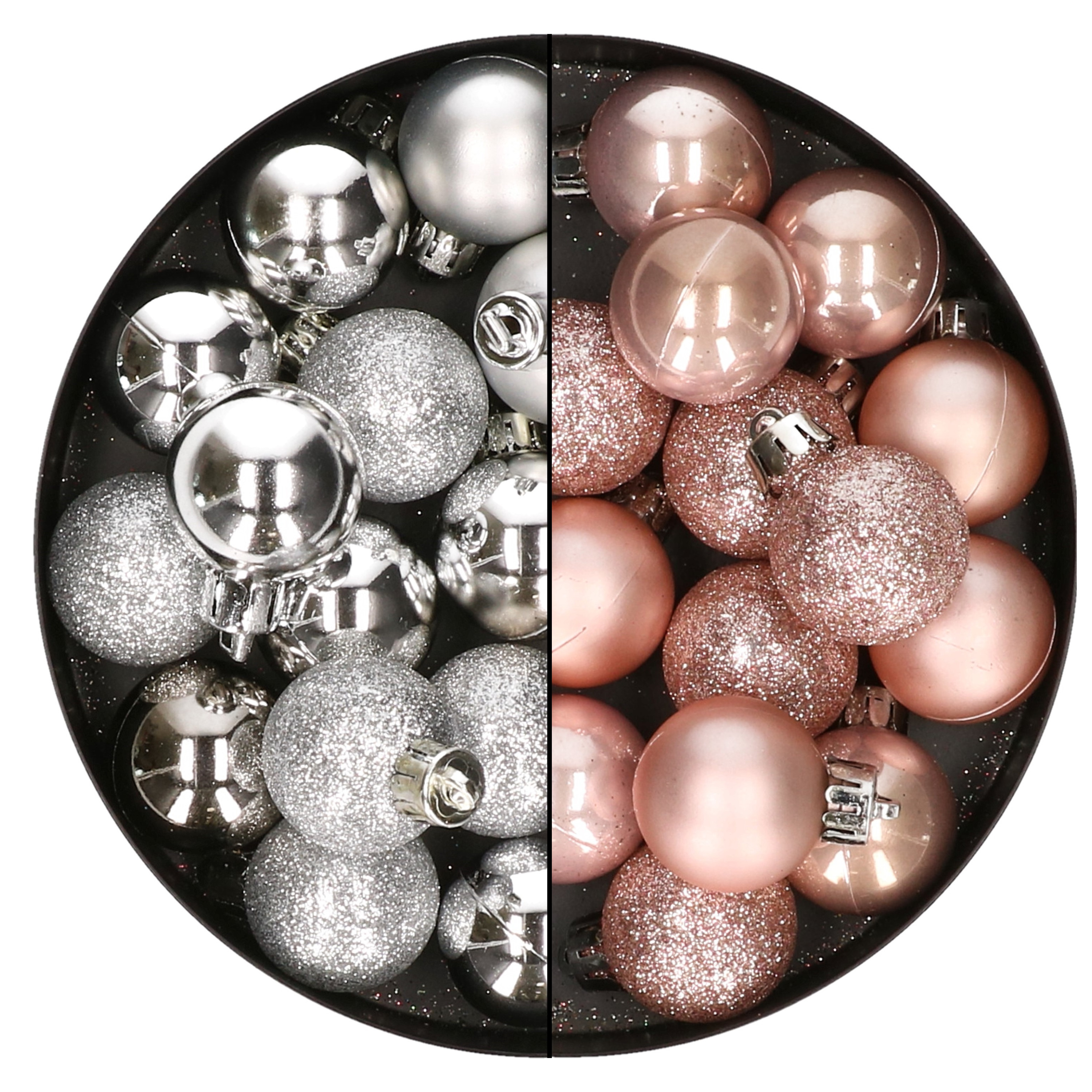 28x stuks kleine kunststof kerstballen zilver en zachtroze 3 cm