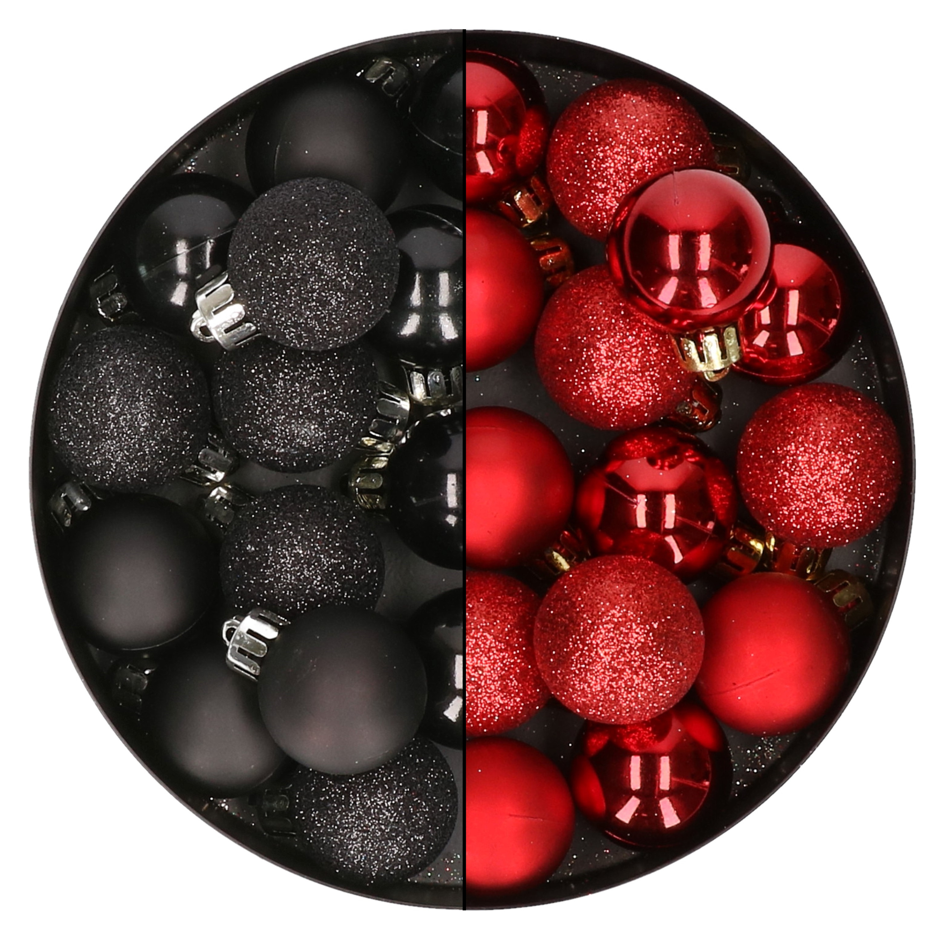 28x stuks kleine kunststof kerstballen zwart en rood 3 cm