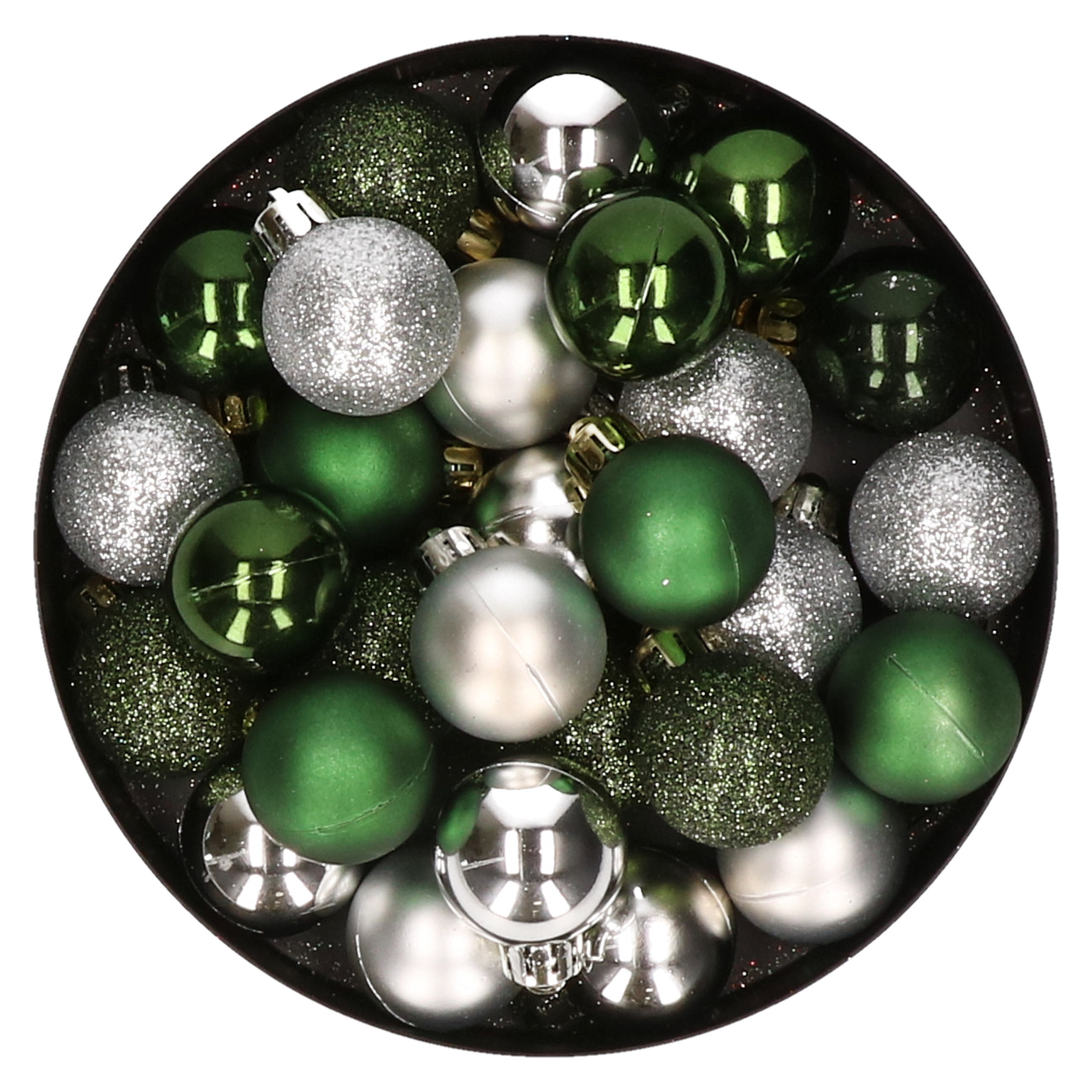 28x stuks kunststof kerstballen donkergroen en zilver mix 3 cm