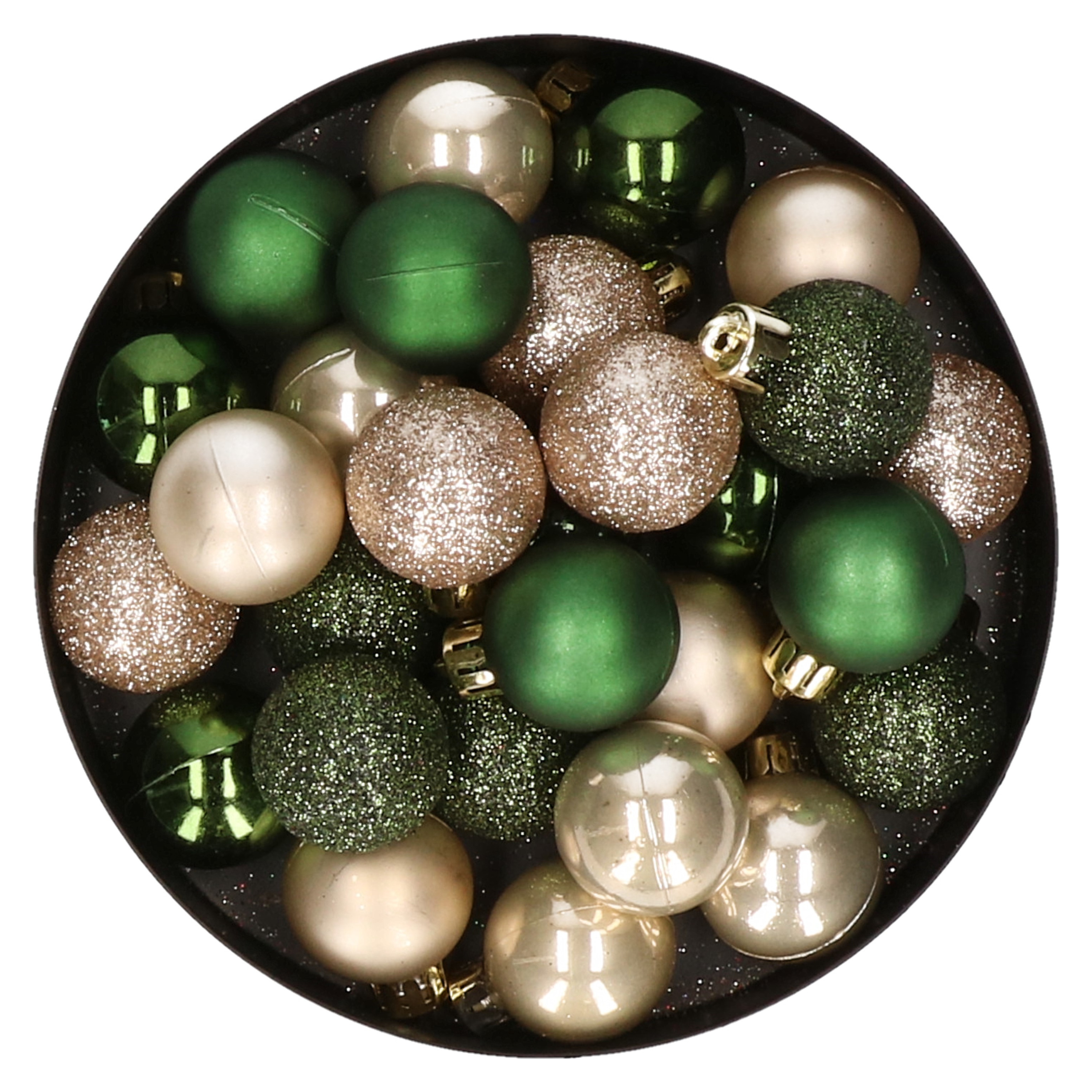 28x stuks kunststof kerstballen parel-champagne en donkergroen mix 3 cm
