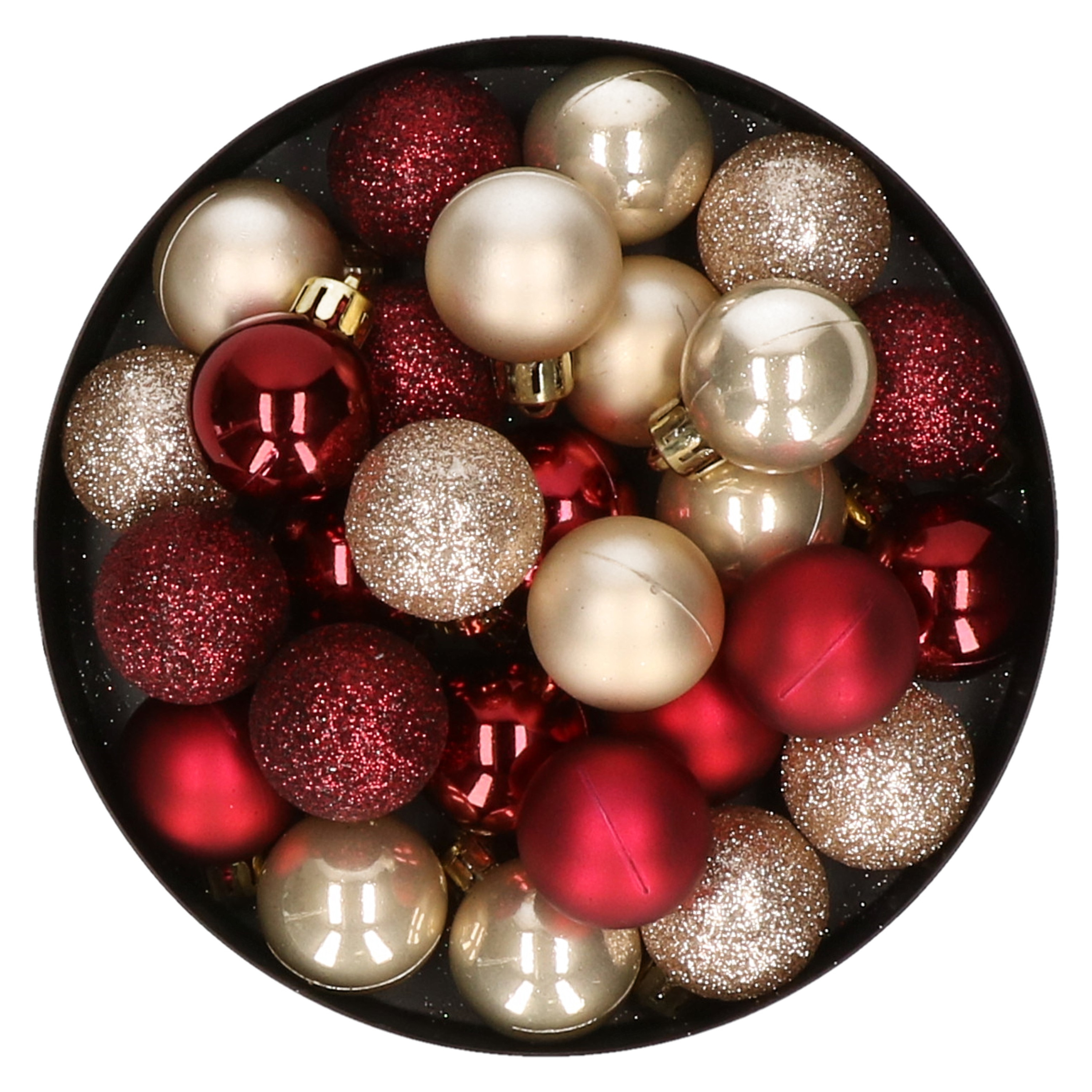 28x stuks kunststof kerstballen parel-champagne en donkerrood mix 3 cm