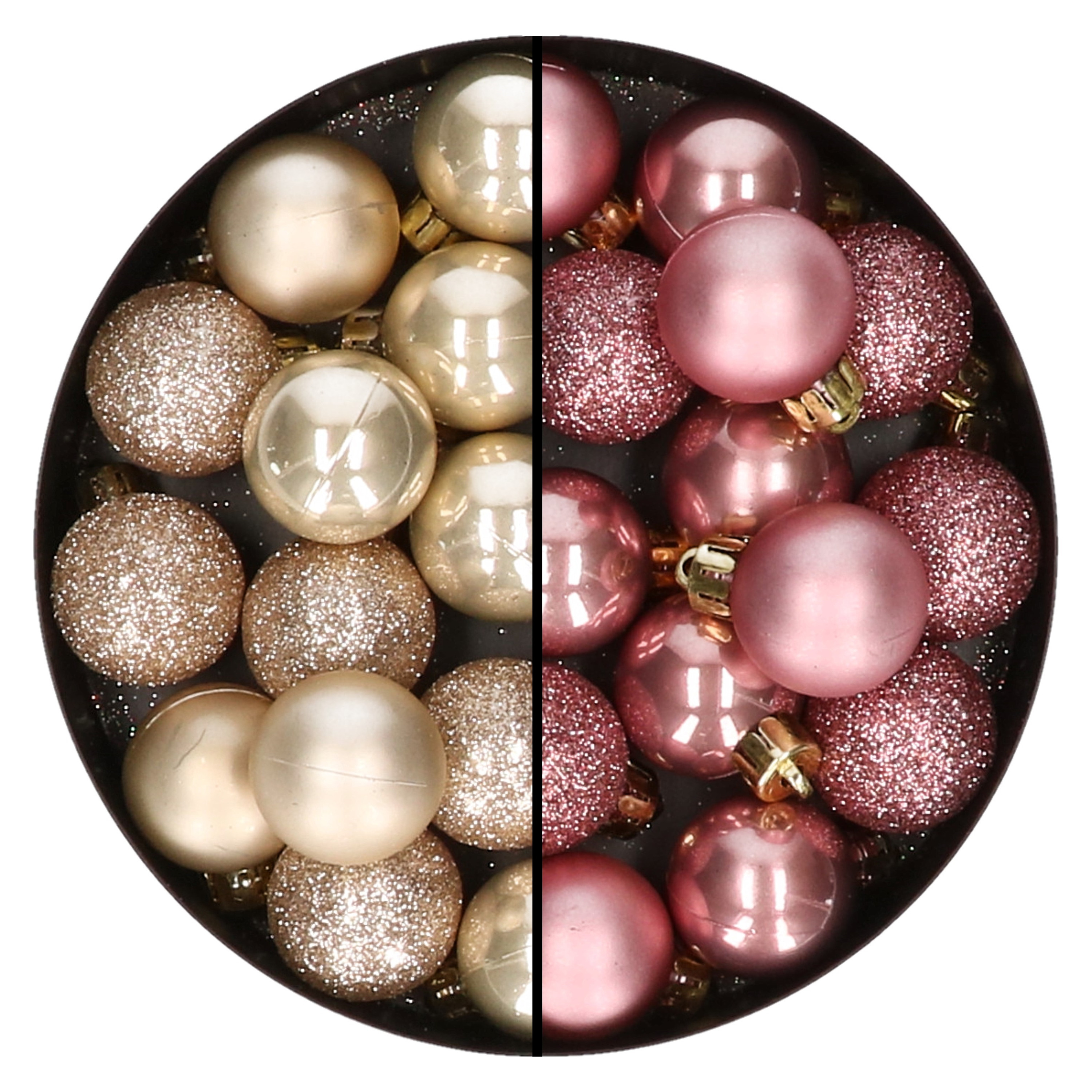 28x stuks kunststof kerstballen parel-champagne en oudroze mix 3 cm