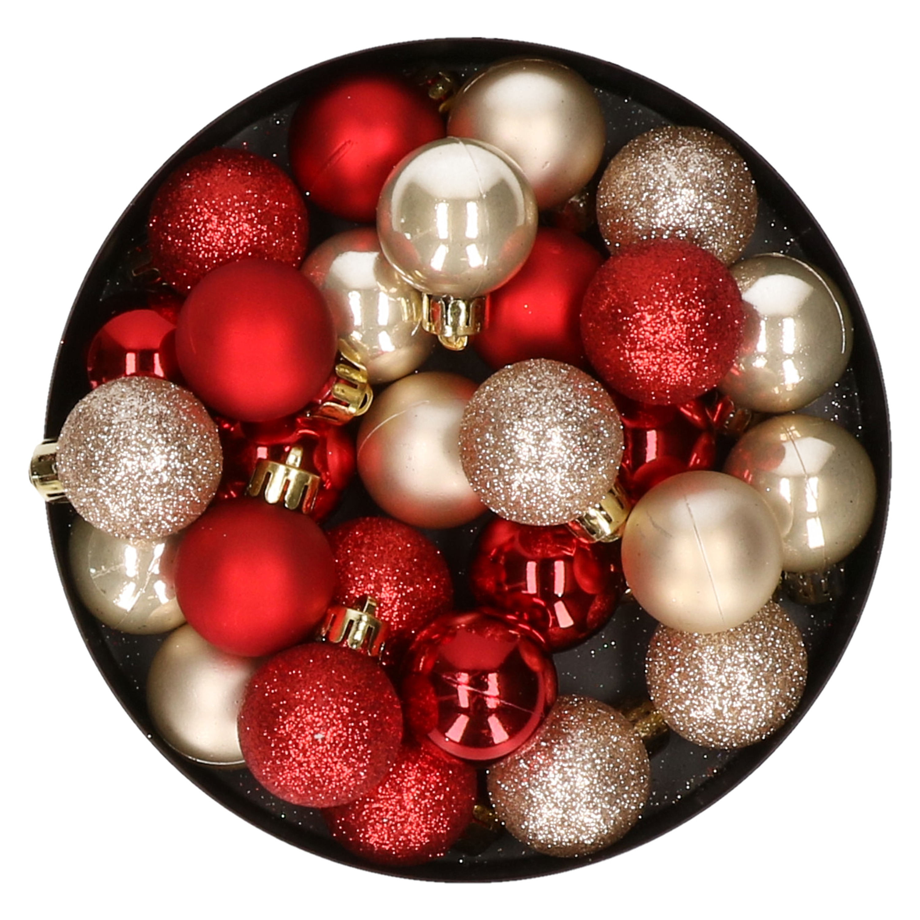 28x stuks kunststof kerstballen parel-champagne en rood mix 3 cm