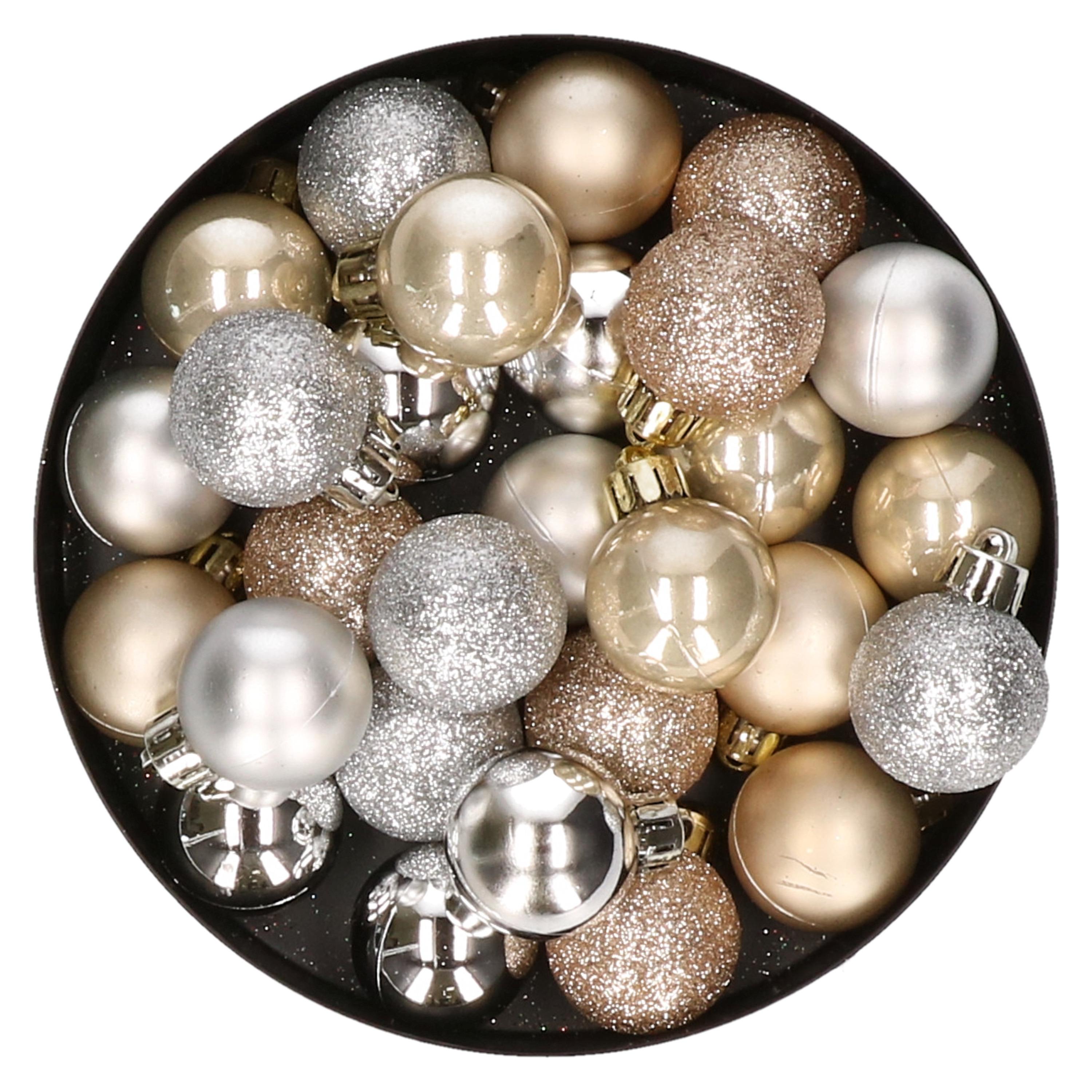 28x stuks kunststof kerstballen parel-champagne en zilver mix 3 cm