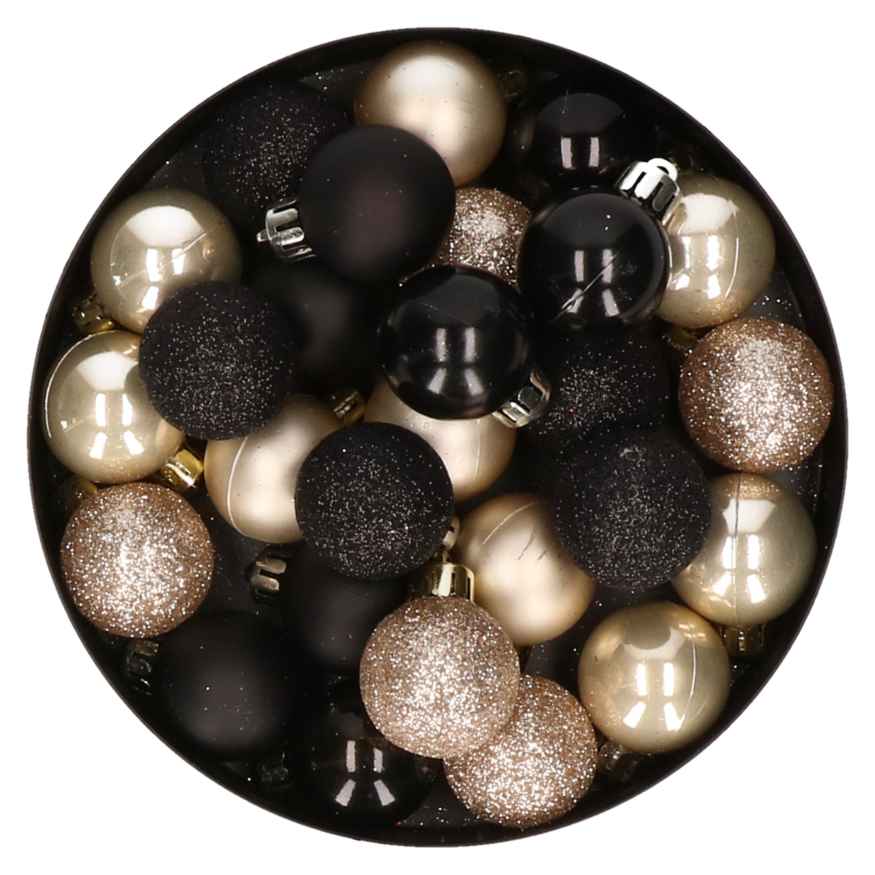 28x stuks kunststof kerstballen parel-champagne en zwart mix 3 cm