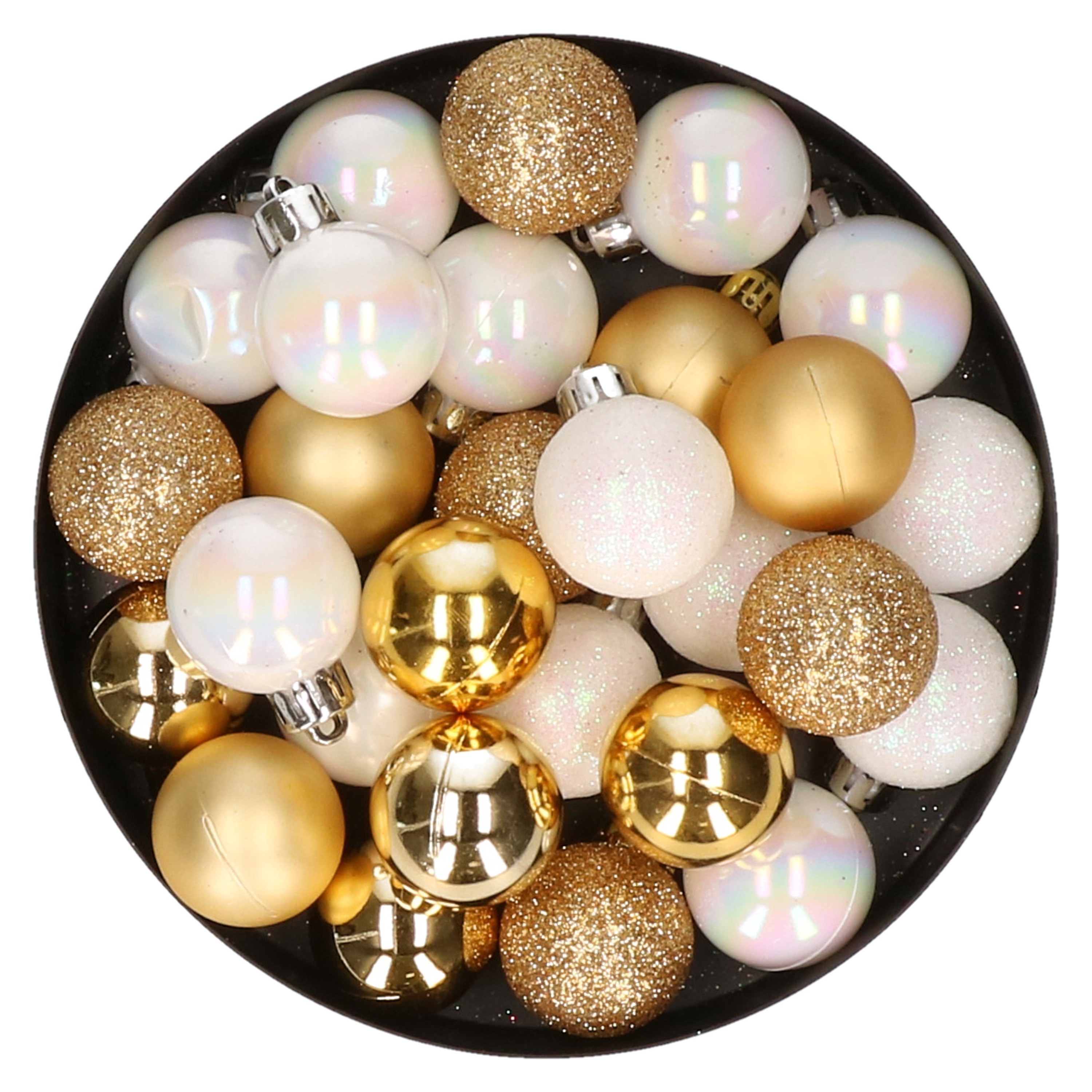 28x stuks kunststof kerstballen parelmoer wit en goud mix 3 cm
