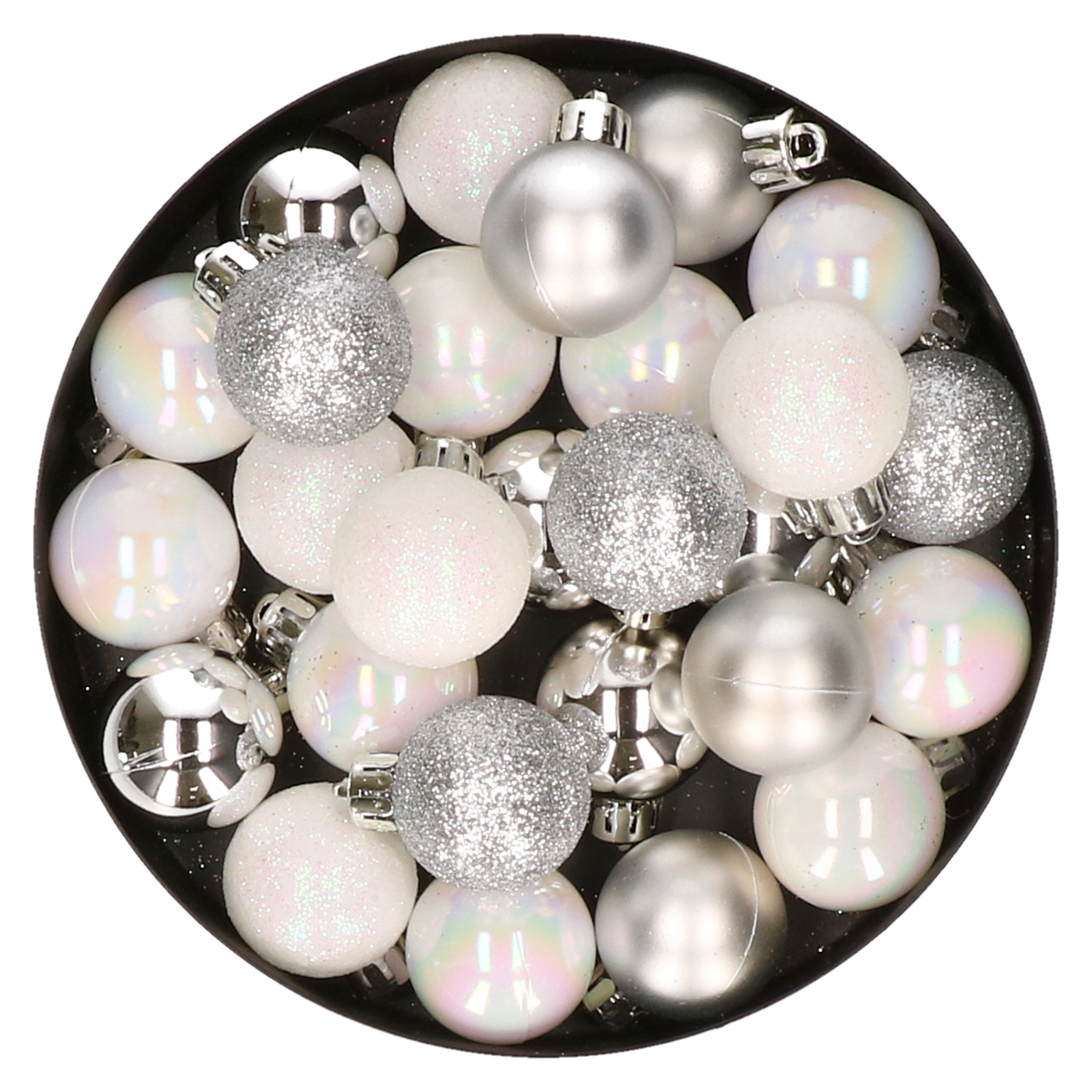 28x stuks kunststof kerstballen parelmoer wit en zilver mix 3 cm