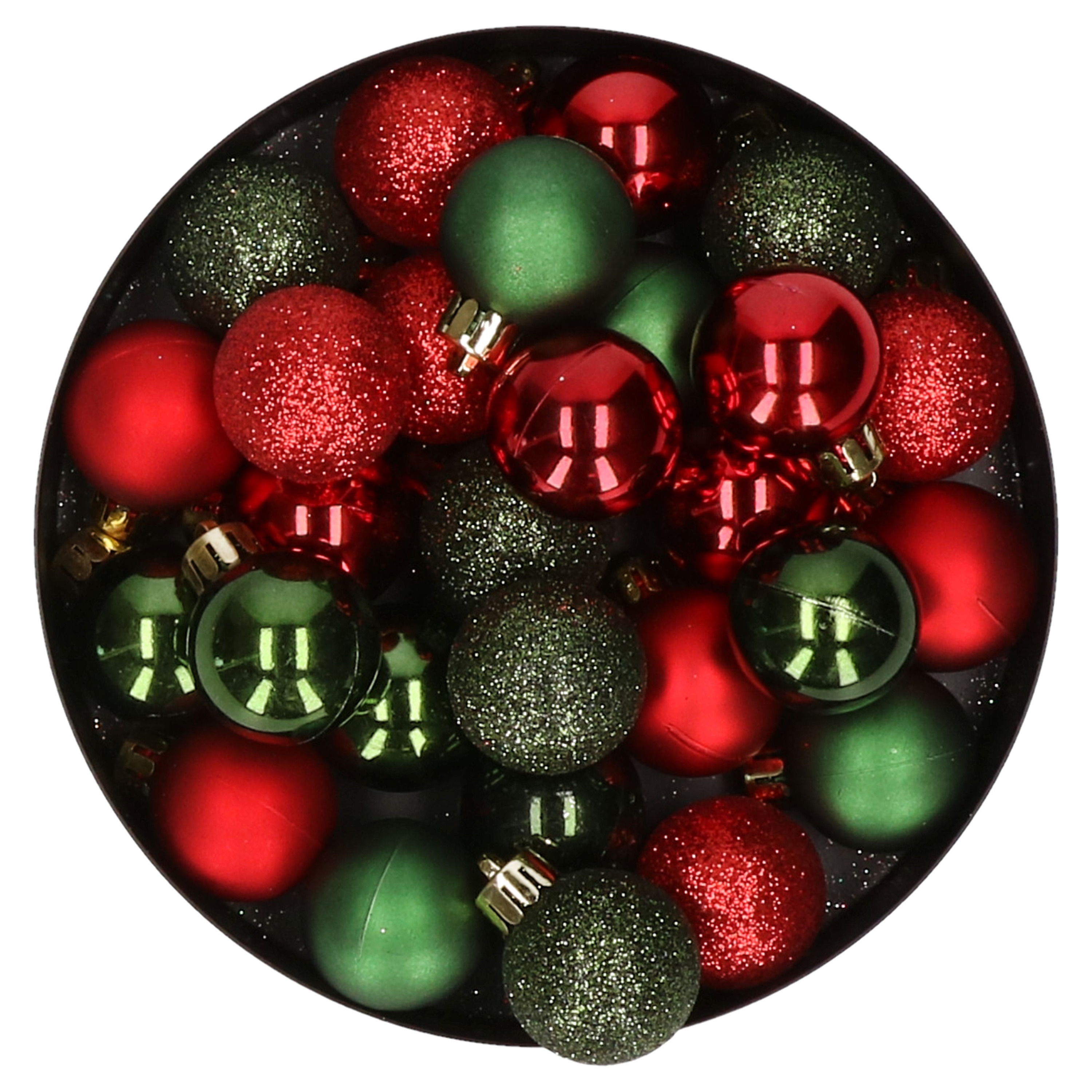 28x stuks kunststof kerstballen rood en donkergroen mix 3 cm