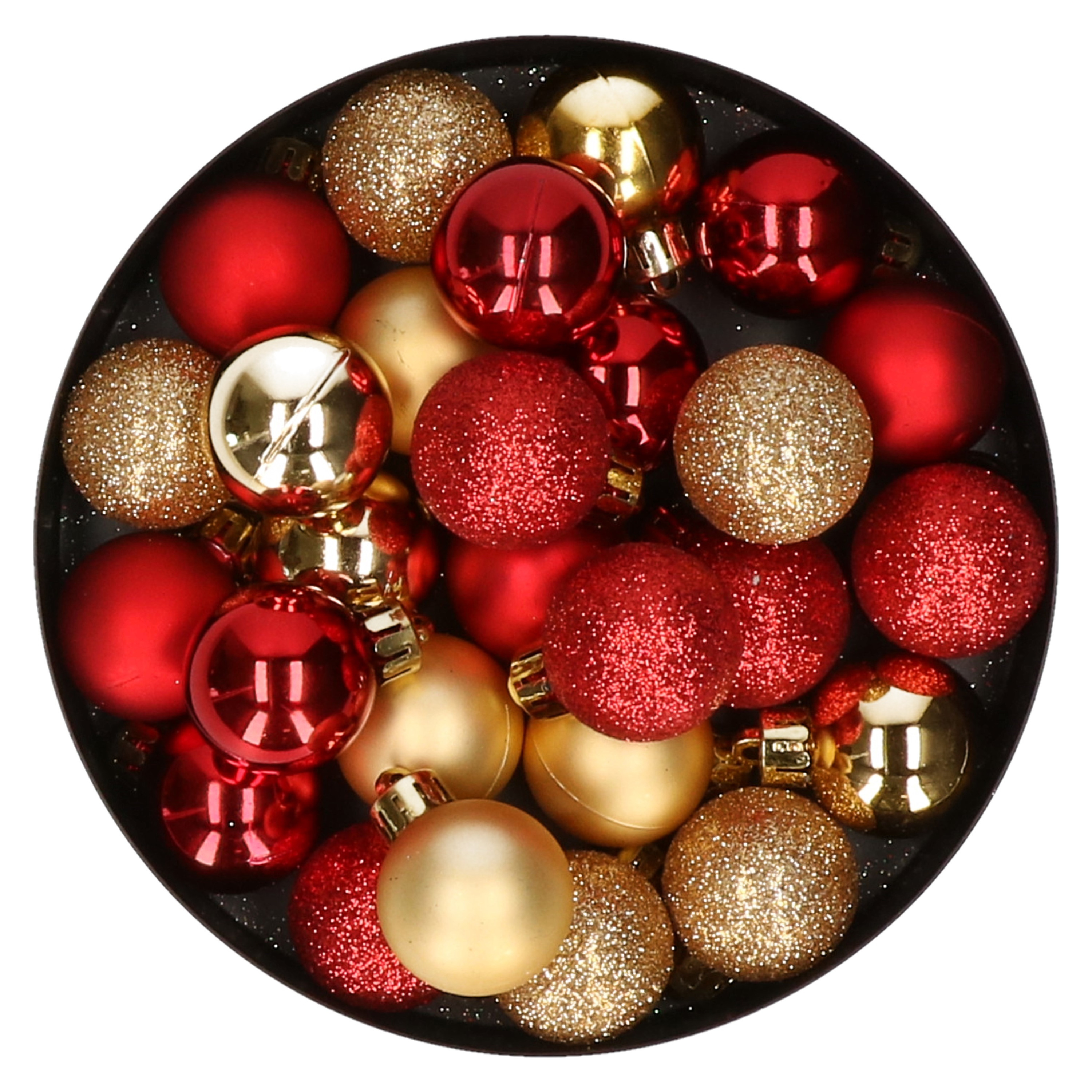 28x stuks kunststof kerstballen rood en goud mix 3 cm
