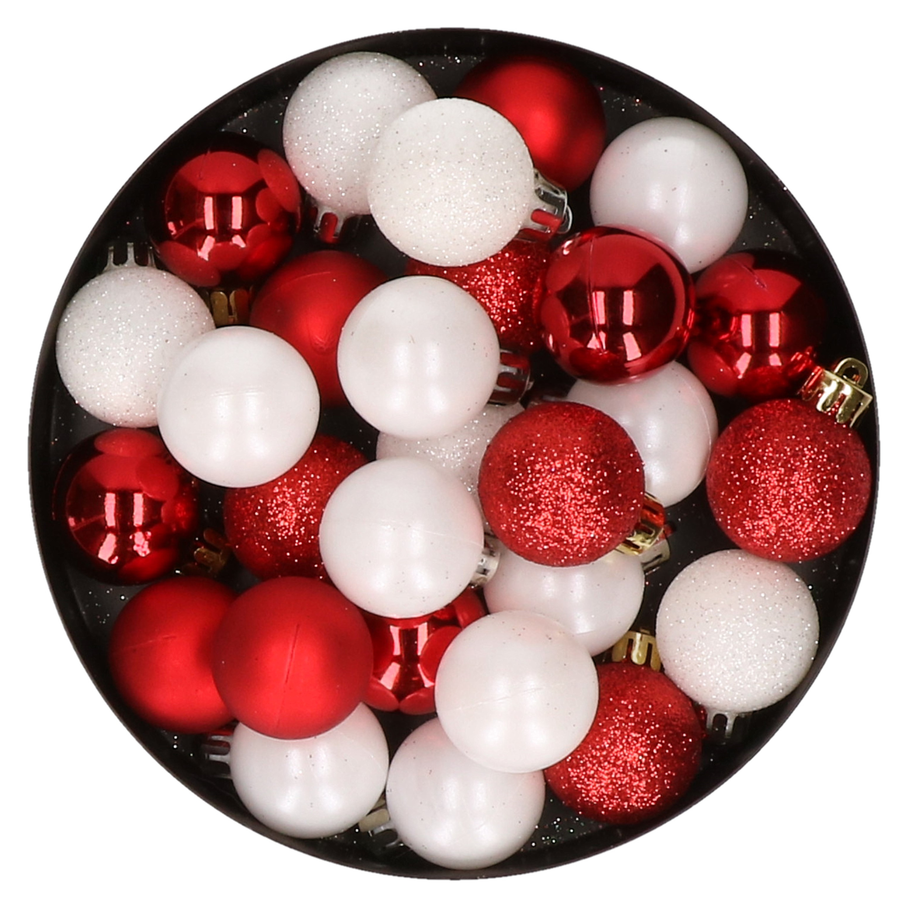 28x stuks kunststof kerstballen rood en wit mix 3 cm