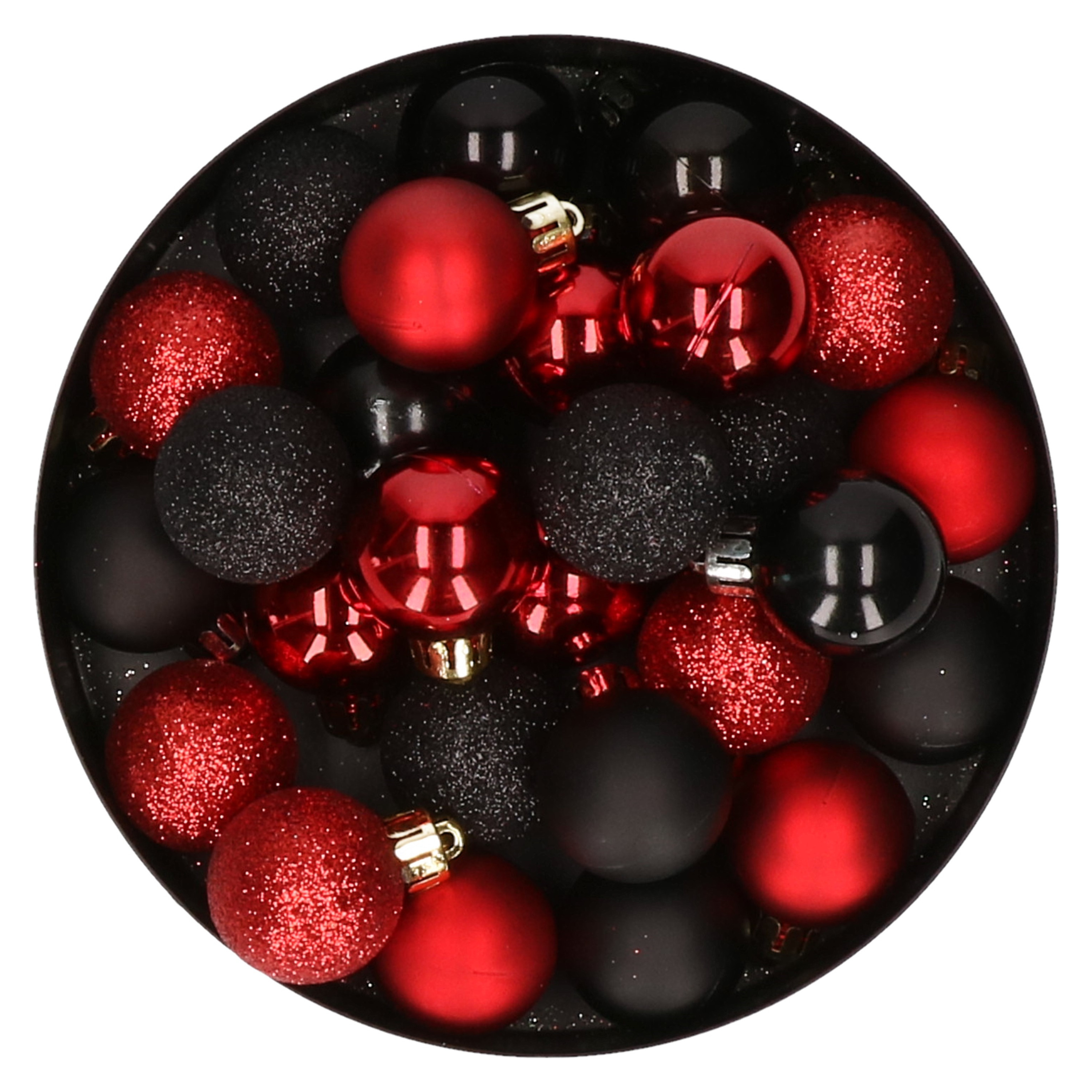28x stuks kunststof kerstballen rood en zwart mix 3 cm