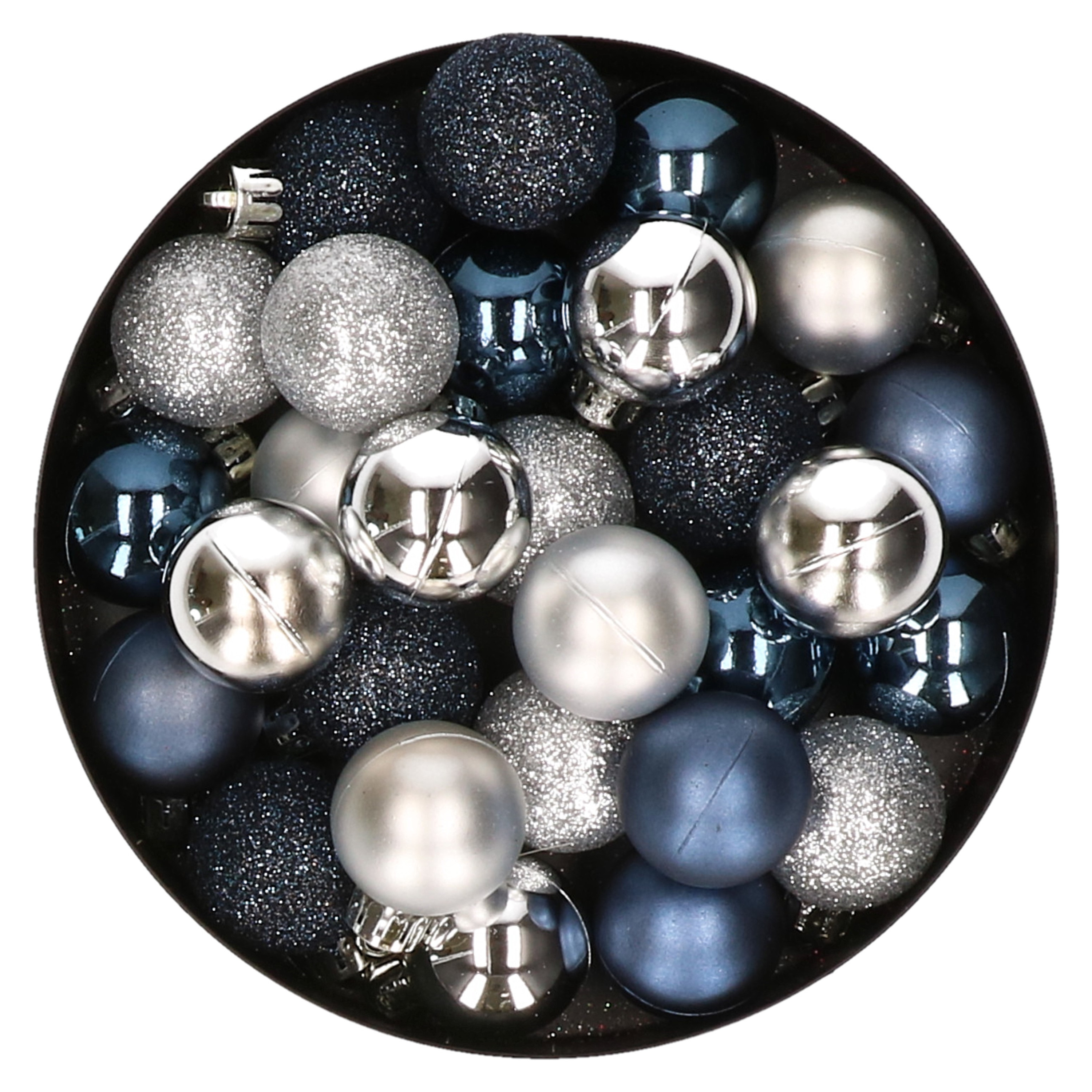 28x stuks kunststof kerstballen zilver en donkerblauw mix 3 cm