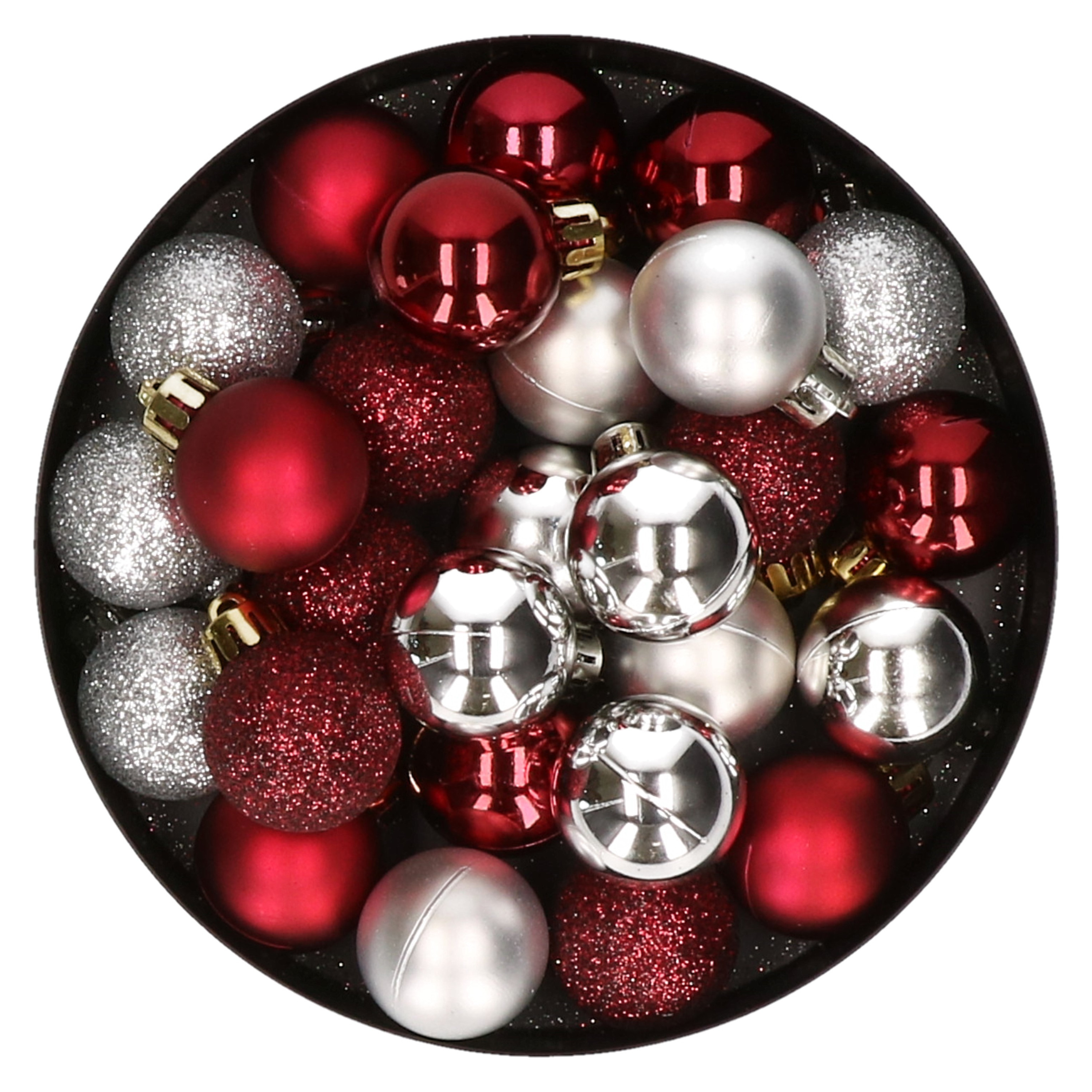 28x stuks kunststof kerstballen zilver en donkerrood mix 3 cm