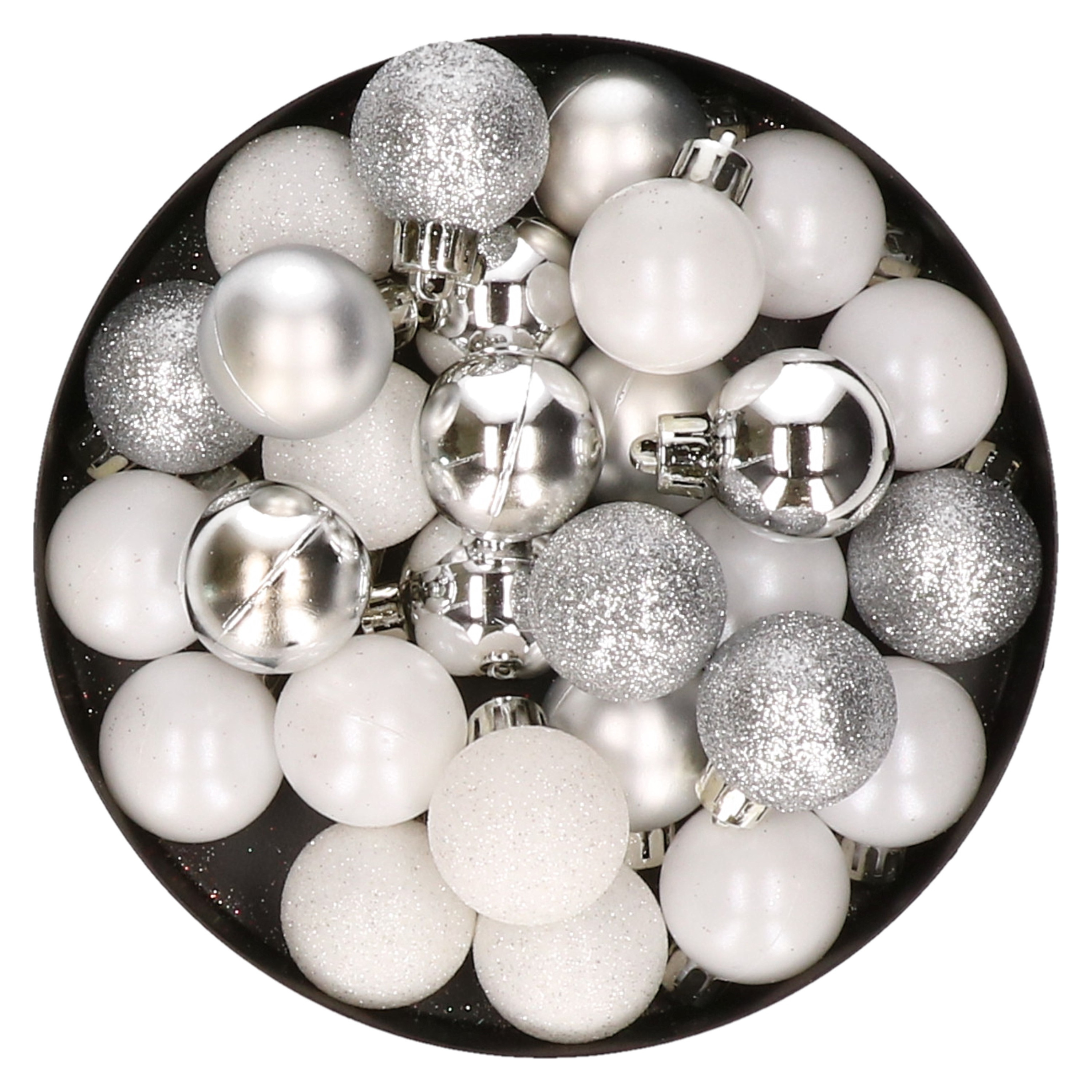 28x stuks kunststof kerstballen zilver en wit mix 3 cm