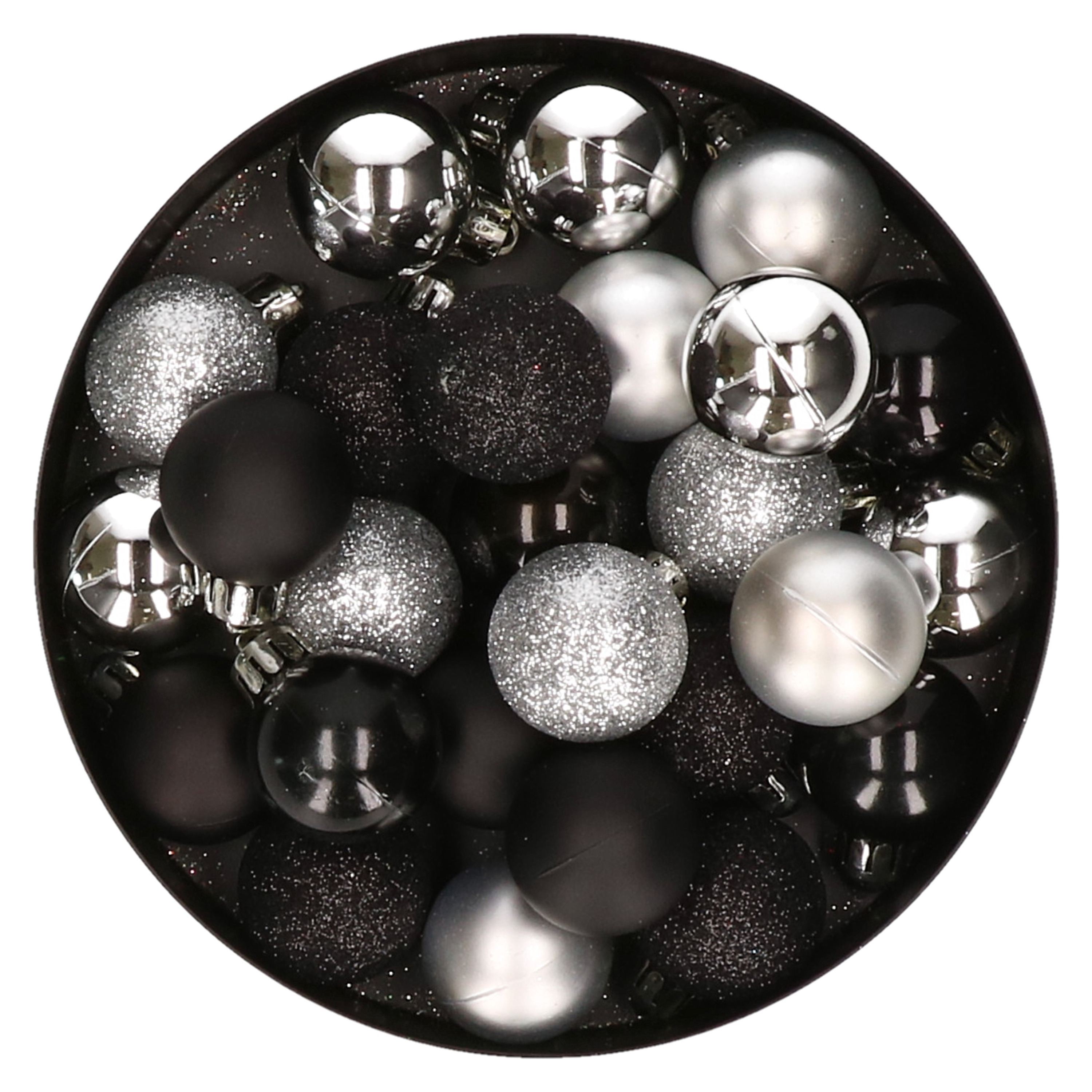 28x stuks kunststof kerstballen zilver en zwart mix 3 cm
