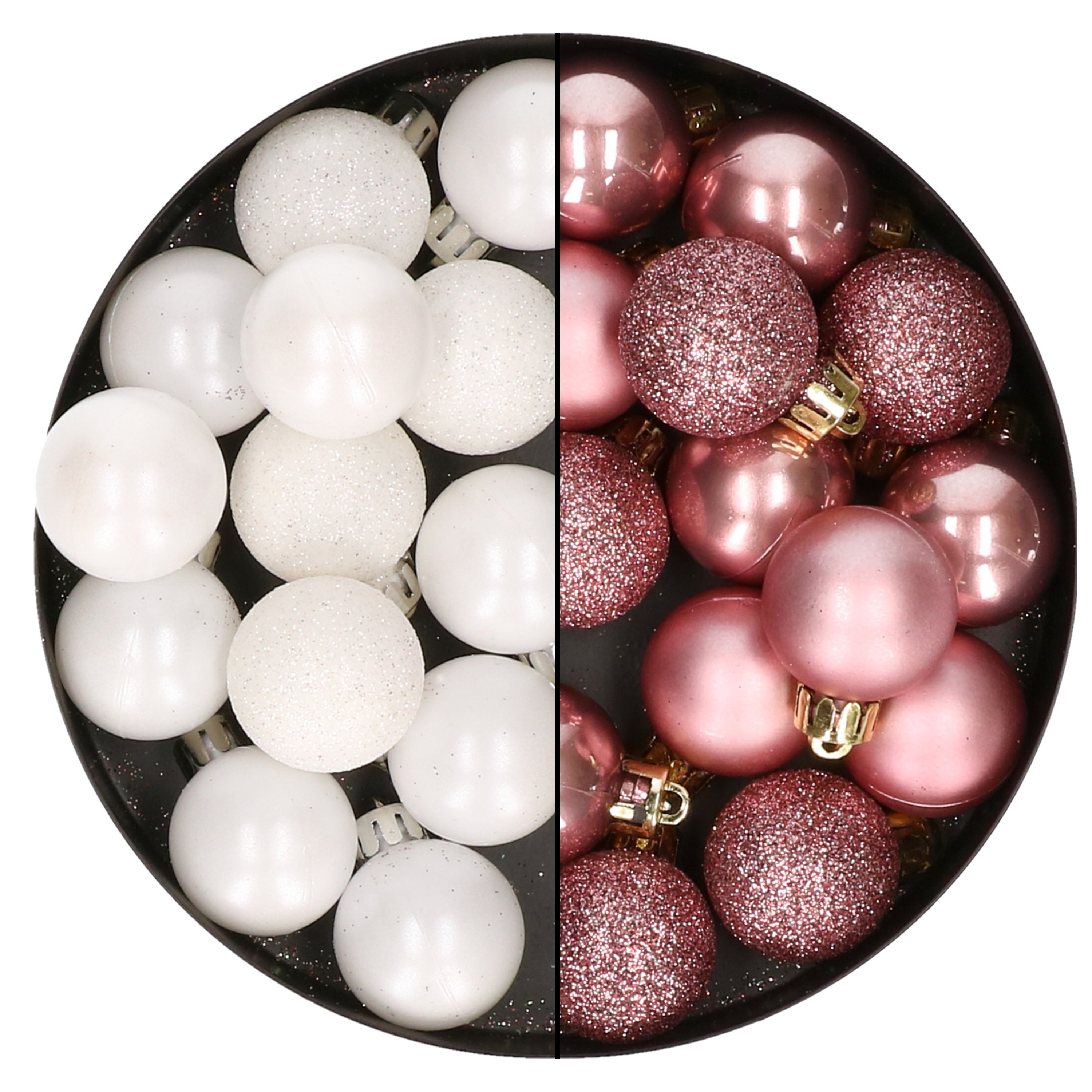 28x stuks stuks kunststof kerstballen wit en velvet roze 3 cm