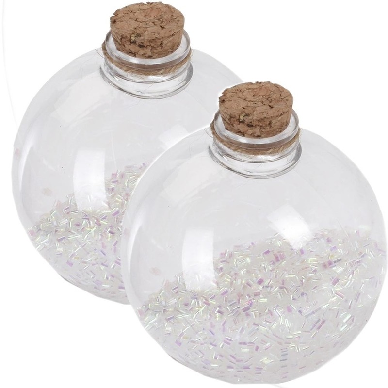 2x Doorzichtige fles kerstballen 8 cm glitter wit kunststof kerstversiering
