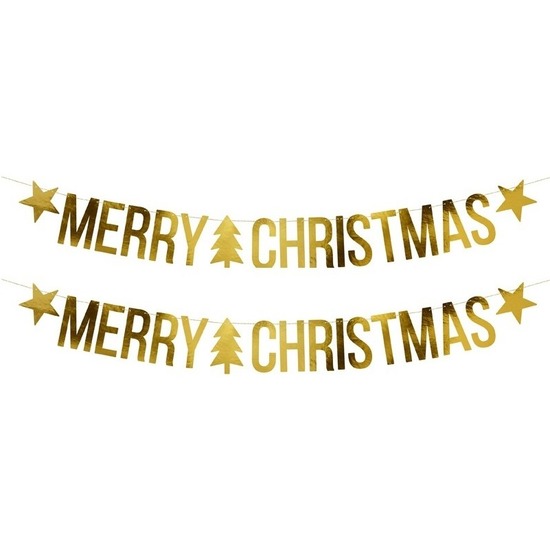 2x Gouden Merry Christmas kerst decoraties vlaggenlijnen-slingers 175 cm