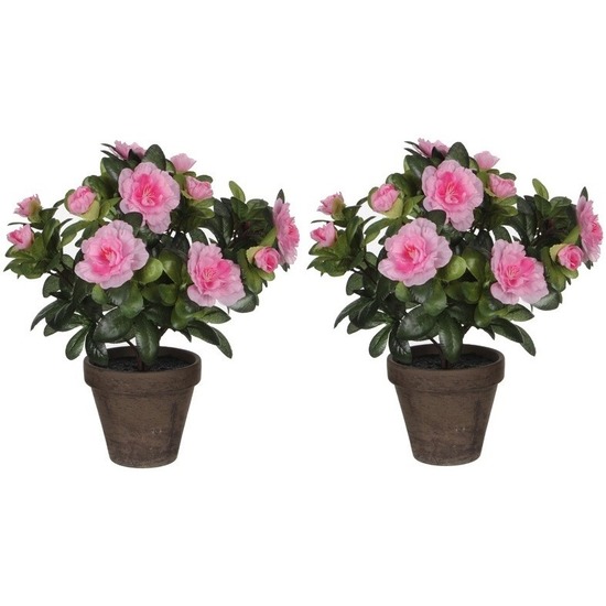 2x Groene Azalea kunstplanten roze bloemen 27 cm in pot