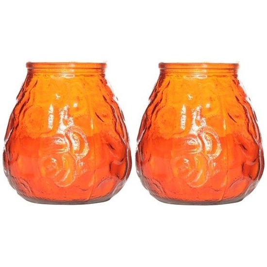 2x Horeca kaarsen oranje in kaarshouder van glas 10 cm brandtijd 40 uur