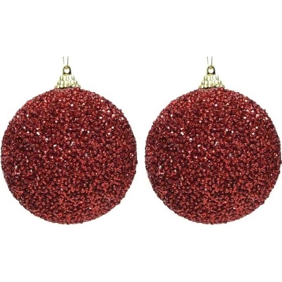 2x Kerst rode kerstballen 8 cm glitters-kraaltjes kunststof kerstversiering