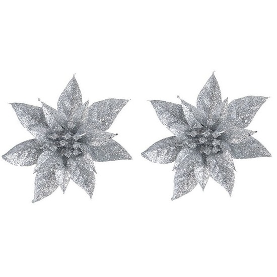 2x Kerstbloemen versiering zilveren glitter kerstster-poinsettia op clip 15 cm