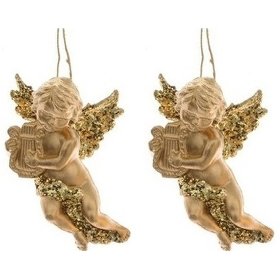 2x Kerstboomhangers-Kersthangers gouden engelen met harp 10 cm
