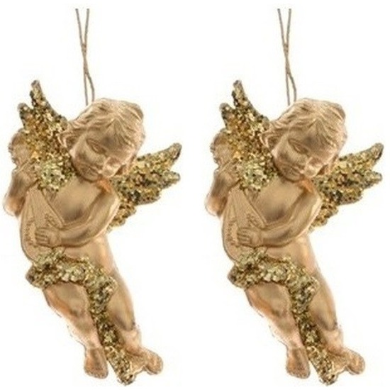 2x Kerstboomhangers-Kersthangers gouden engelen met lute 10 cm