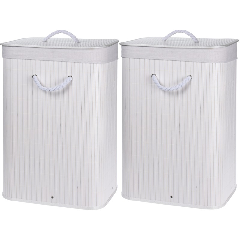 2x Witte bamboe wasmand 40 x 30 cm