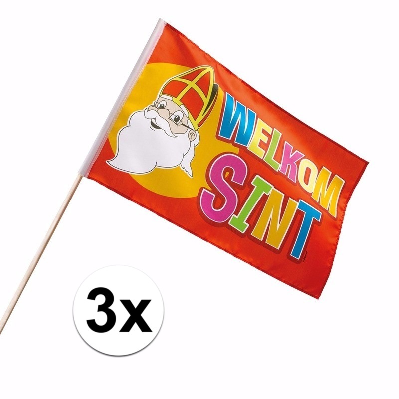 3 grote zwaaivlaggetjes Welkom Sinterklaas 30 x 45 cm intocht