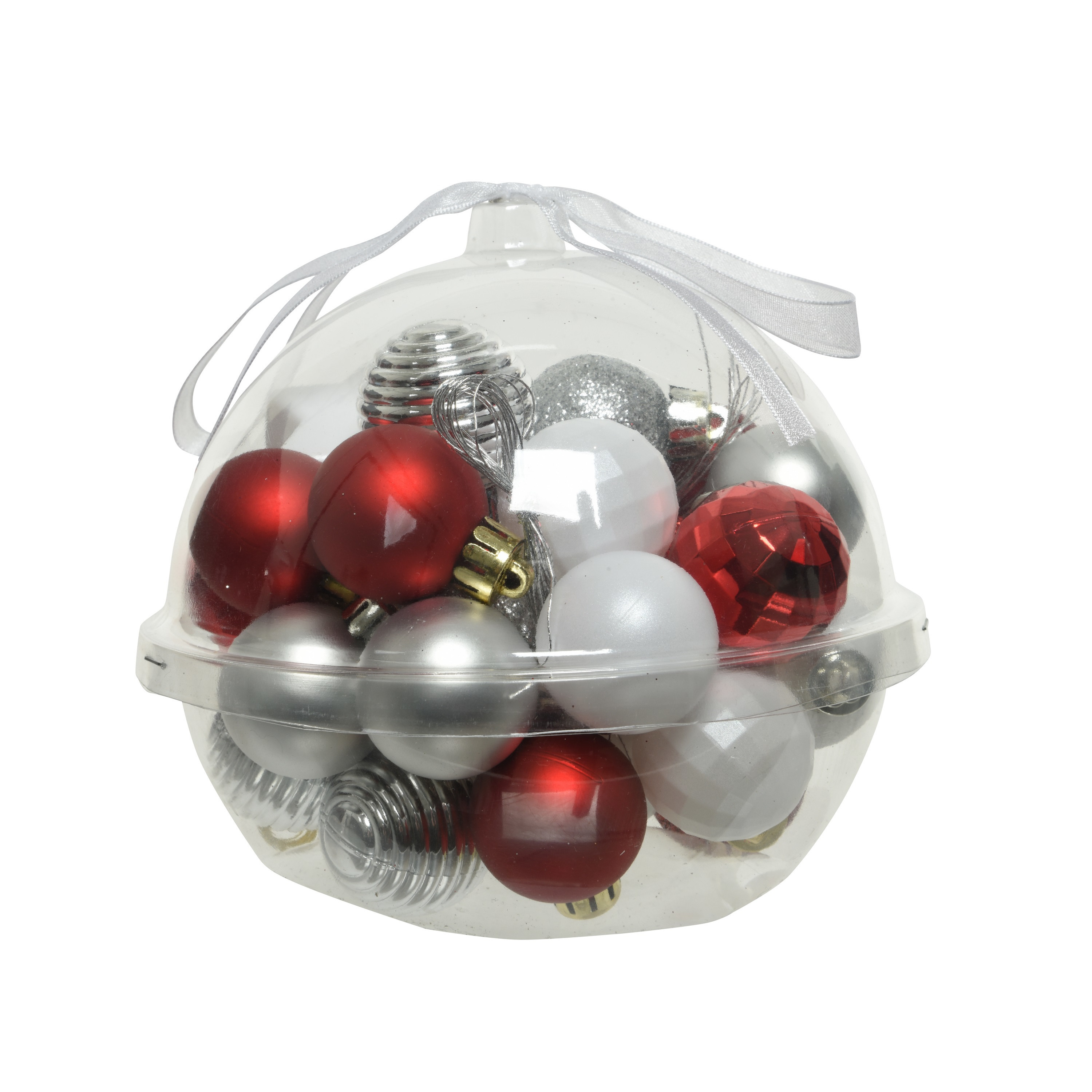 30x stuks kleine kunststof kerstballen rood-wit-zilver 3 cm