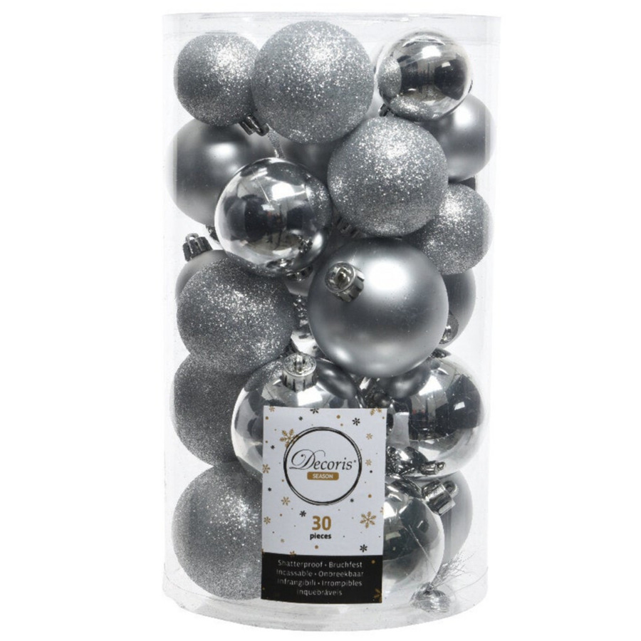 30x Zilveren kerstballen 4-5-6 cm glanzende-matte-glitter kunststof-plastic kerstversiering
