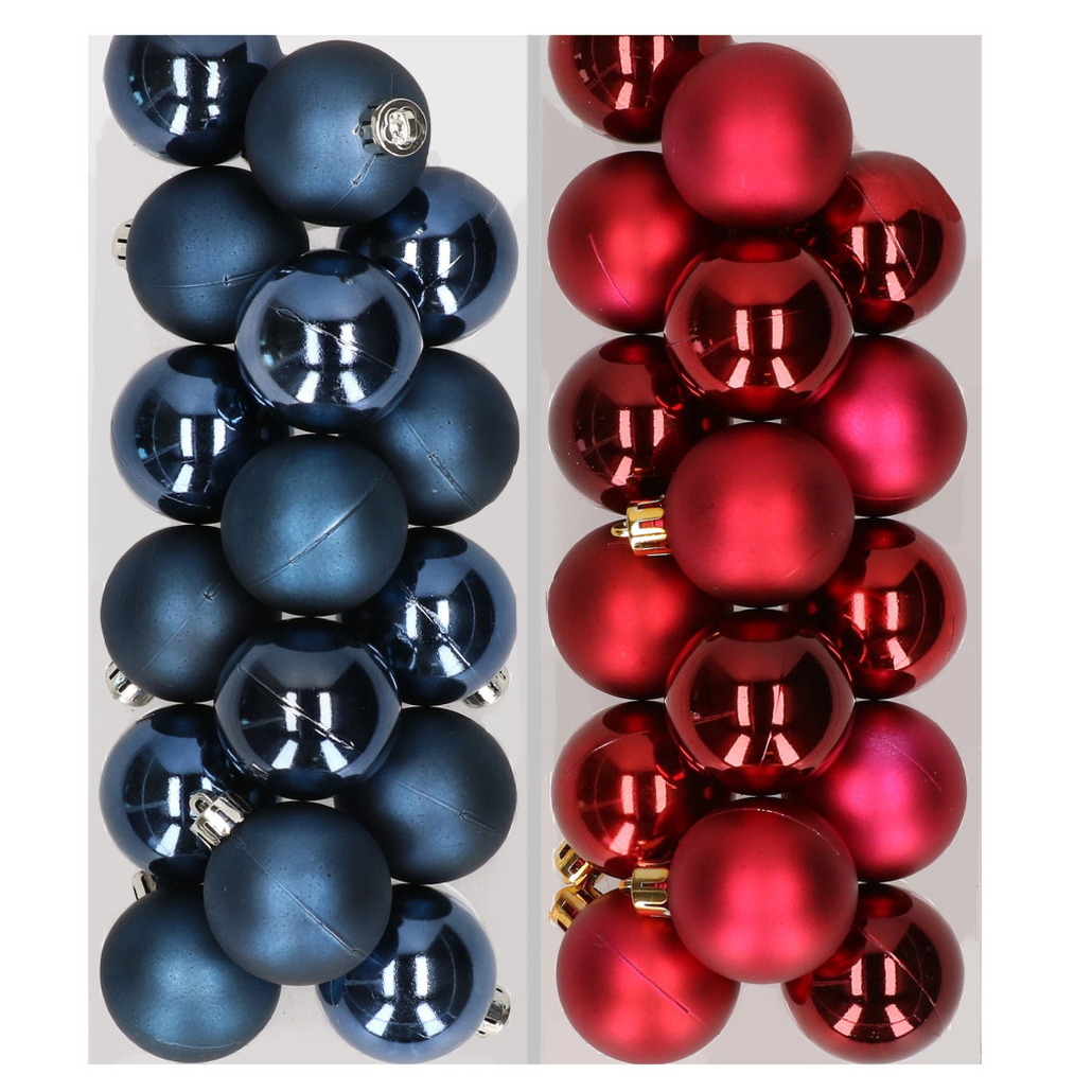 32x stuks kunststof kerstballen mix van donkerblauw en donkerrood 4 cm