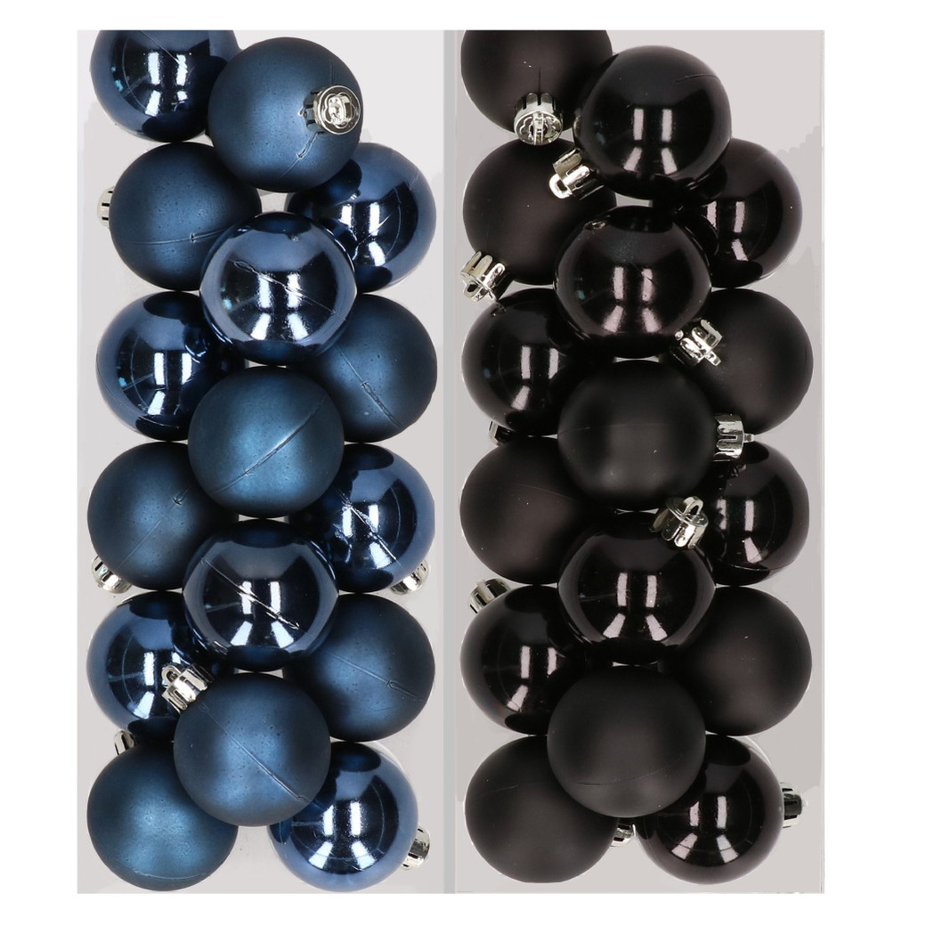 32x stuks kunststof kerstballen mix van donkerblauw en zwart 4 cm