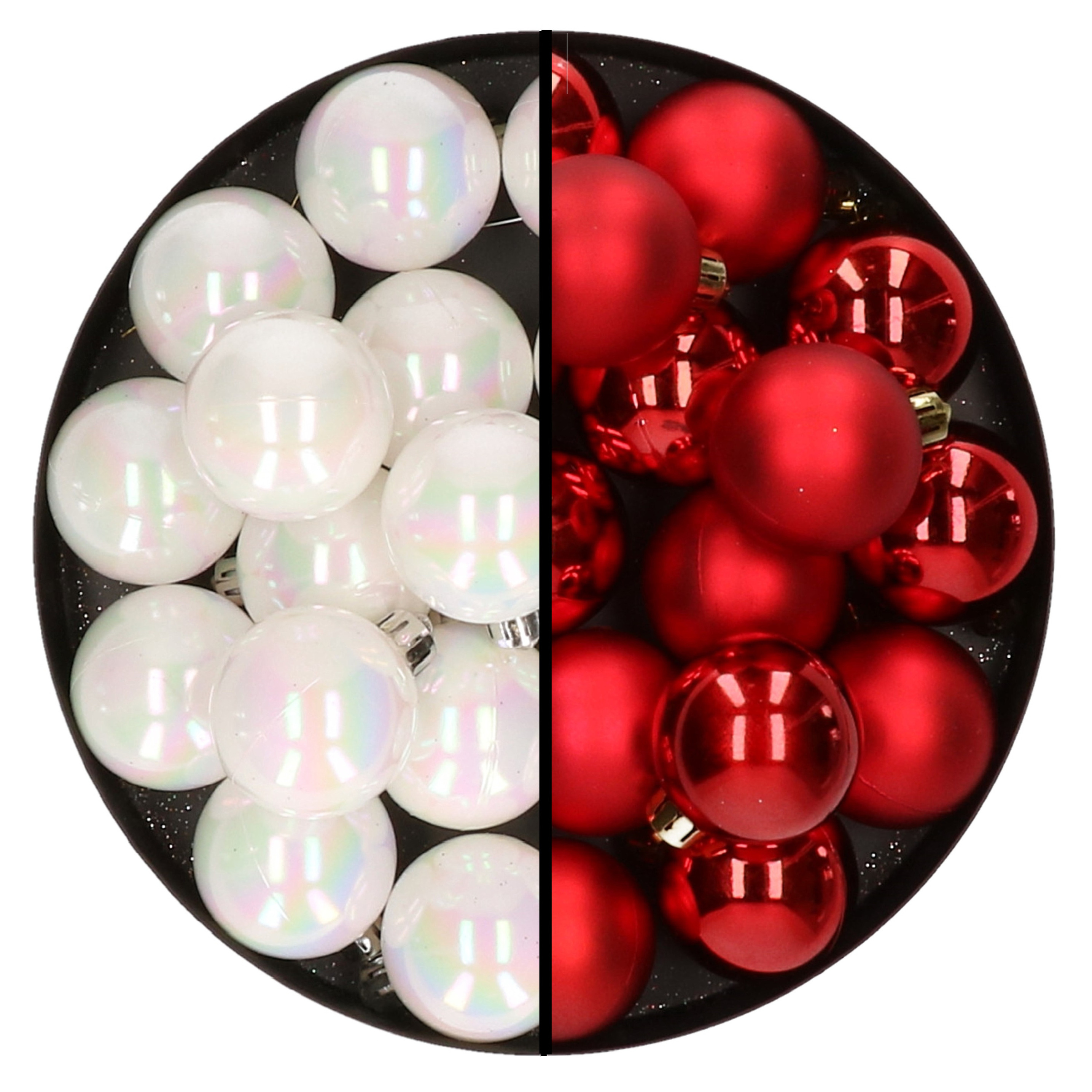 32x stuks kunststof kerstballen mix van parelmoer wit en rood 4 cm