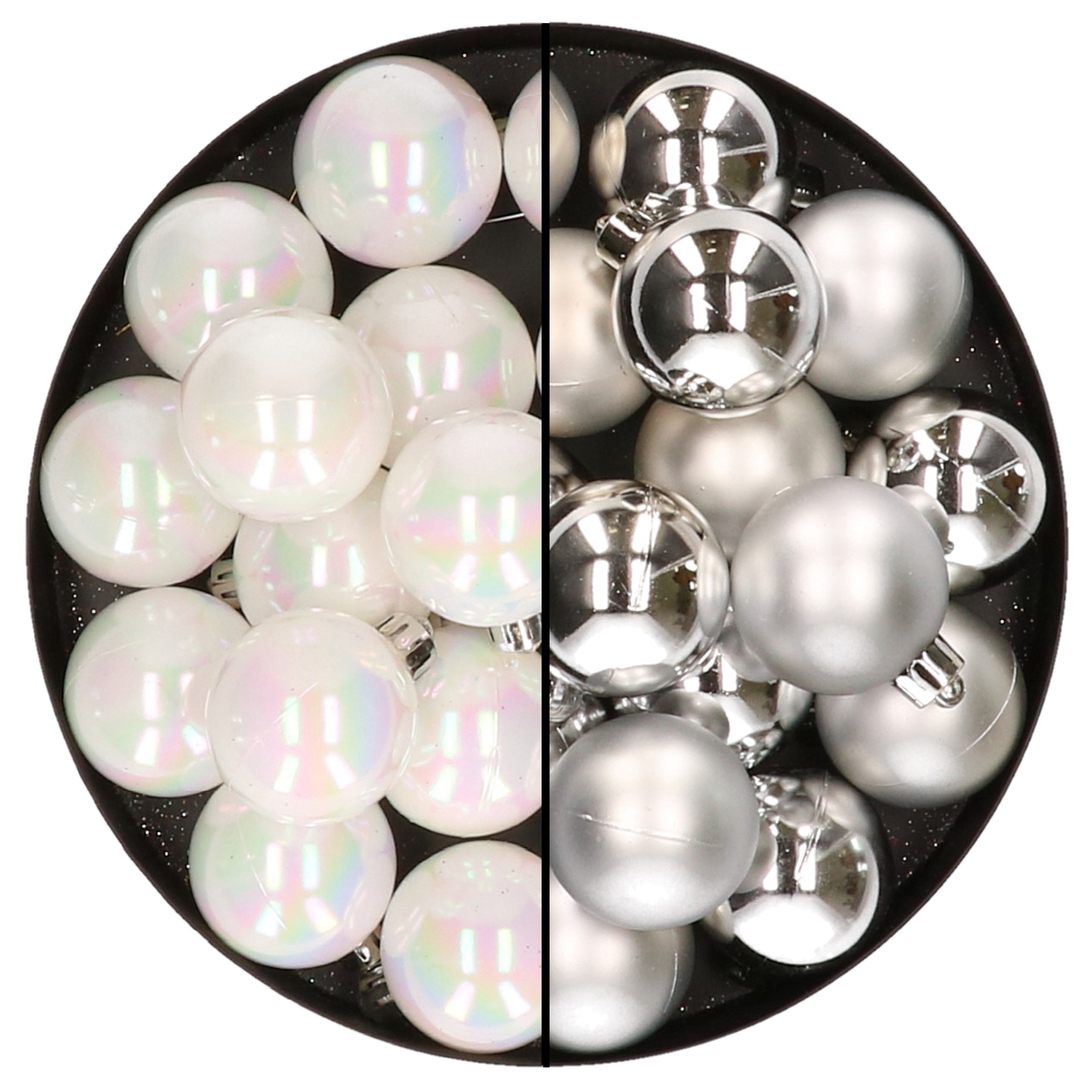 32x stuks kunststof kerstballen mix van parelmoer wit en zilver 4 cm
