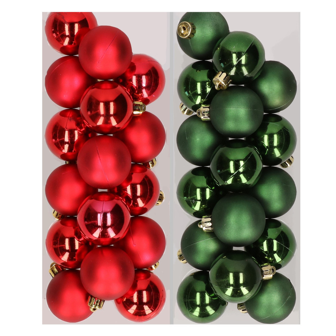 32x stuks kunststof kerstballen mix van rood en donkergroen 4 cm