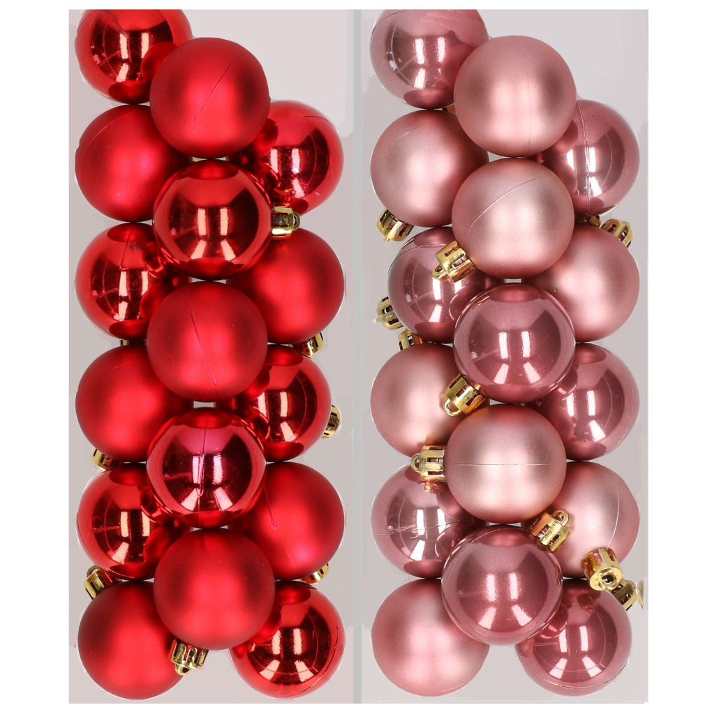 32x stuks kunststof kerstballen mix van rood en oudroze 4 cm