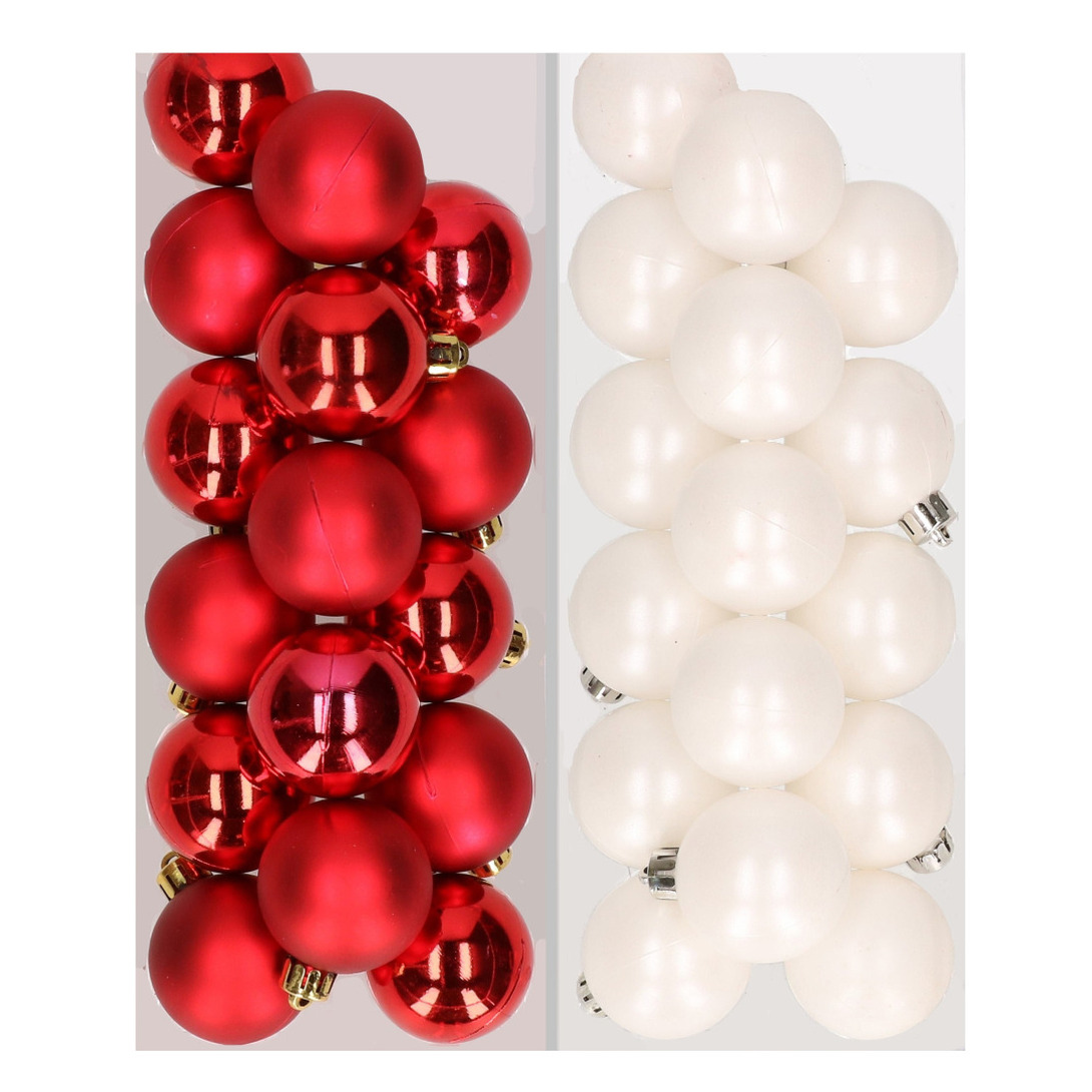 32x stuks kunststof kerstballen mix van rood en wit 4 cm