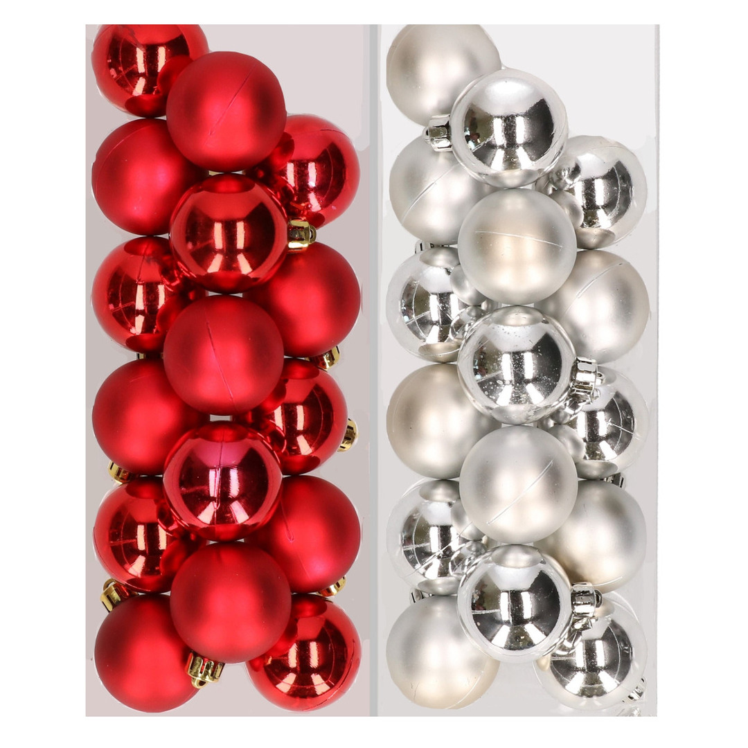 32x stuks kunststof kerstballen mix van rood en zilver 4 cm