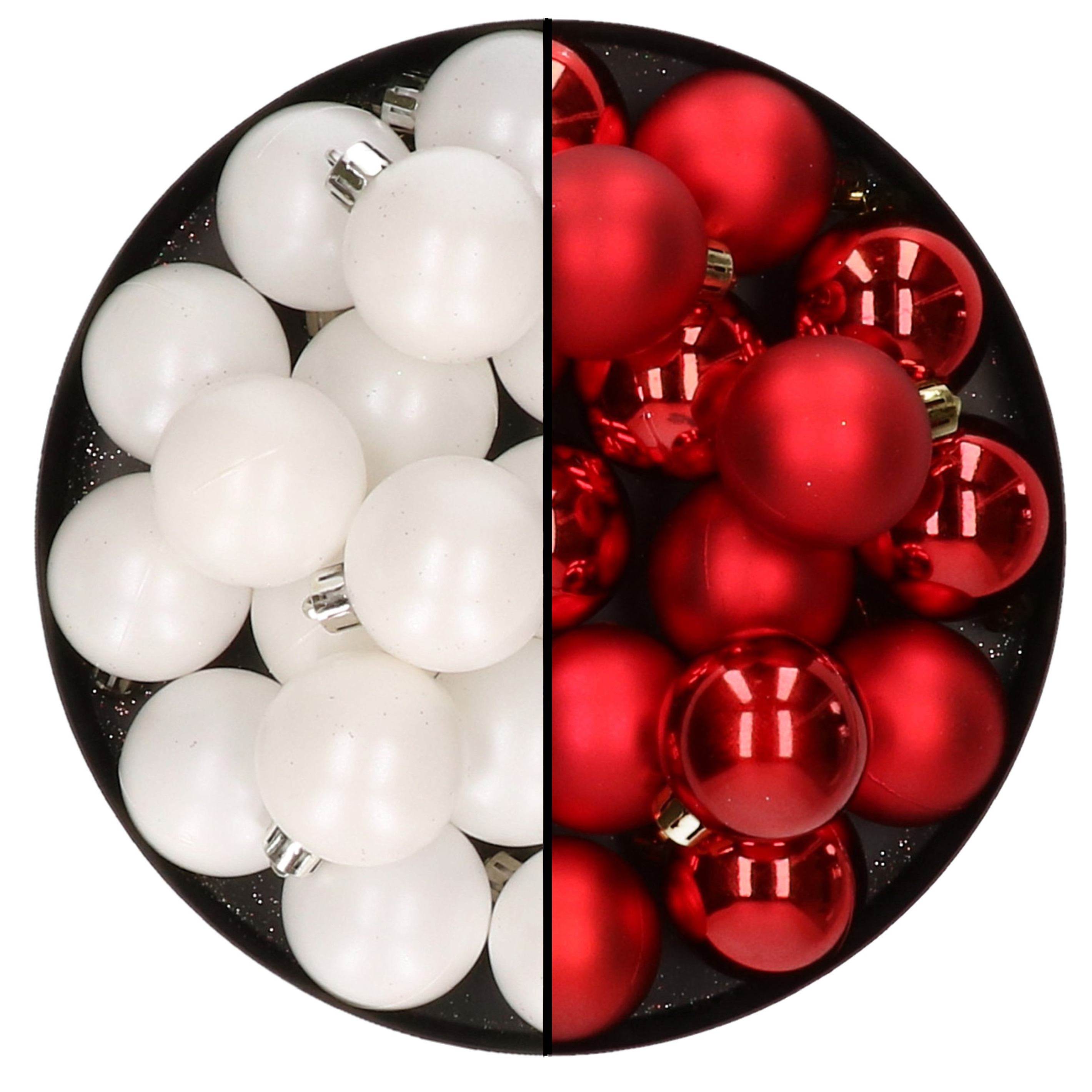 32x stuks kunststof kerstballen mix van wit en rood 4 cm