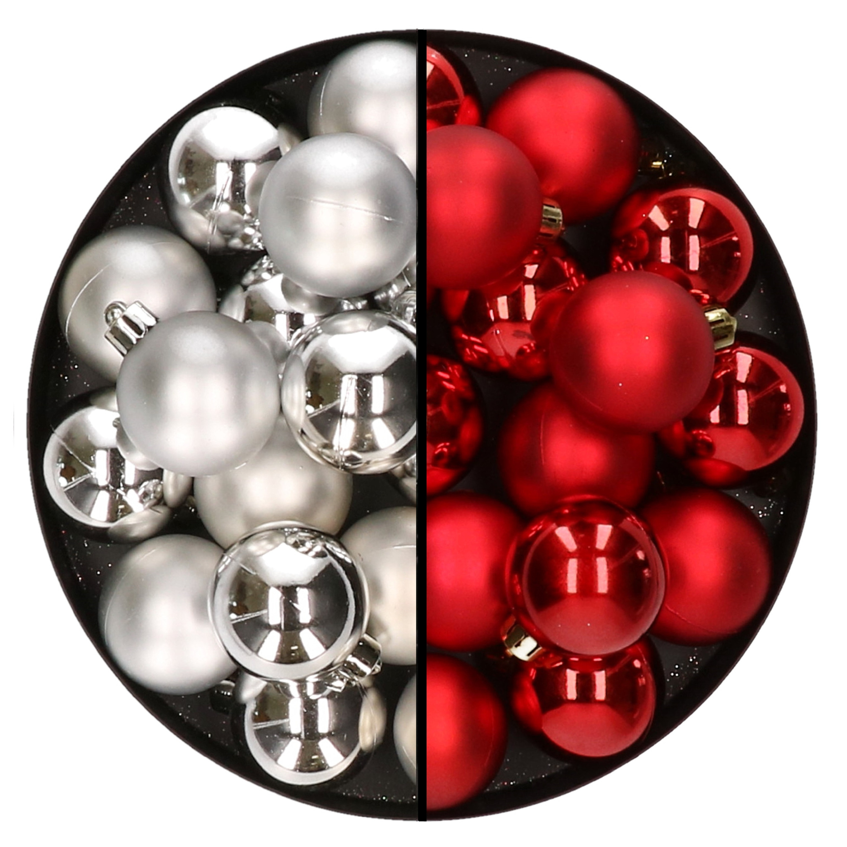 32x stuks kunststof kerstballen mix van zilver en rood 4 cm