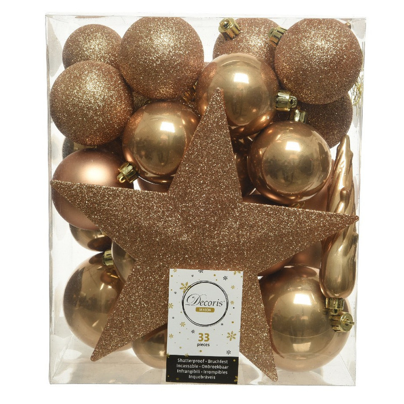 33x Camel bruine kerstballen met ster piek 5-6-8 cm kunststof mix