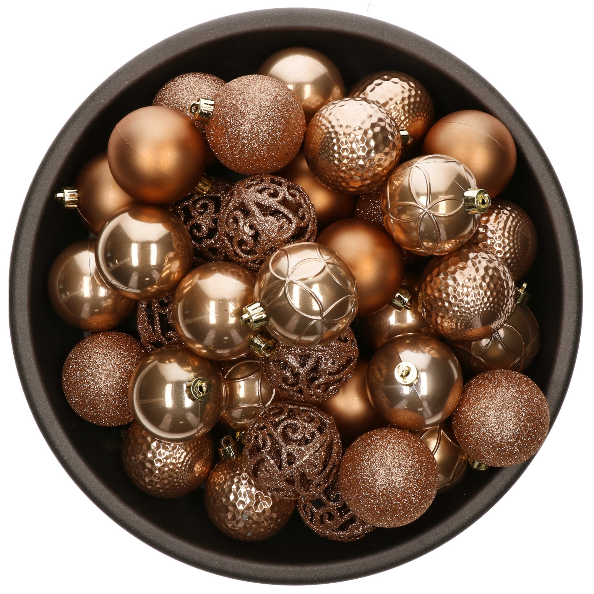 37x stuks kunststof kerstballen camel bruin 6 cm glans-mat-glitter mix