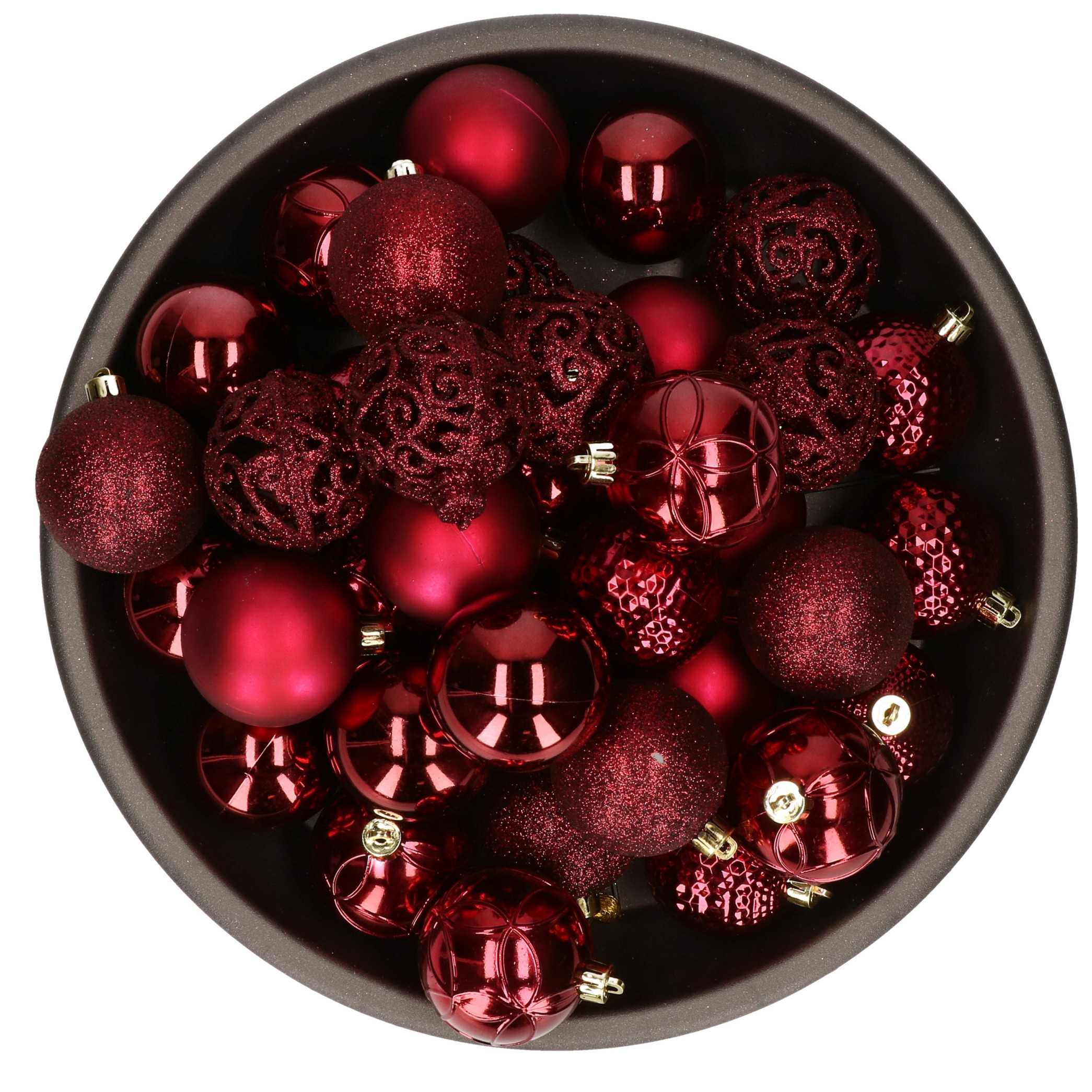 37x stuks kunststof kerstballen donkerrood (oxblood) 6 cm glans-mat-glitter mix
